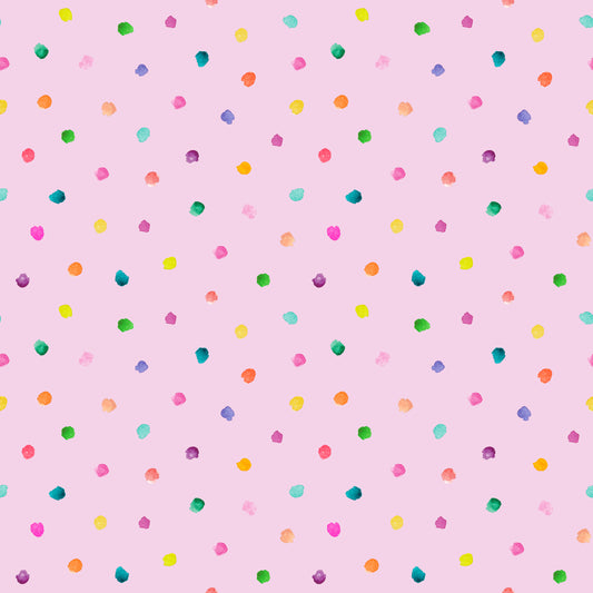 Stoff mit Punkten Aquarell – locker verteilte, handgemalte Konfetti-Punkte in Pink, Orange, Grün, Türkis und Gelb auf zartem Rosé. Reaktivdruck auf Öko-Tex Standard 100 zertifizierten Stoffqualitäten, Meterware.