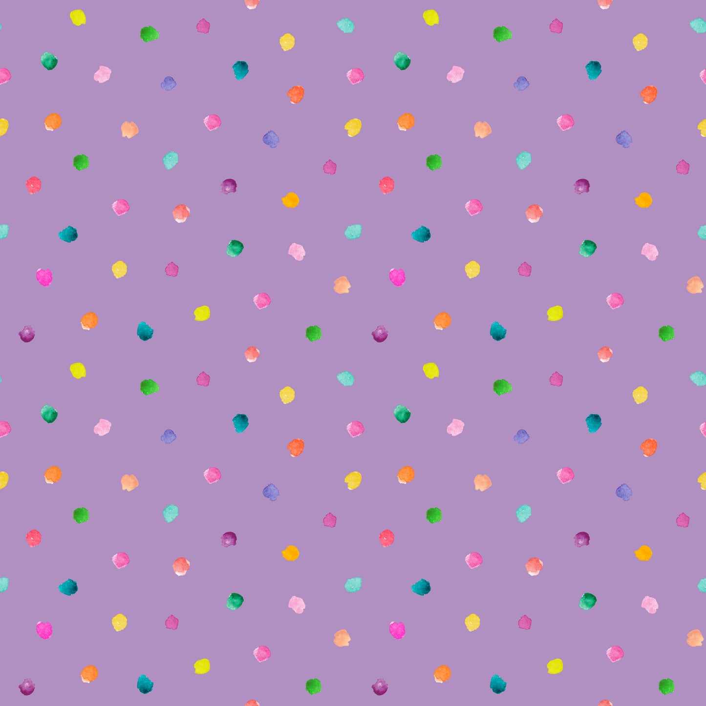 Stoff mit Punkten Aquarell – locker verteilte, handgemalte Konfetti-Punkte in Pink, Orange, Grün und Gelb auf warmem Flieder. Reaktivdruck auf Öko-Tex Standard 100 zertifizierten Stoffqualitäten, Meterware.