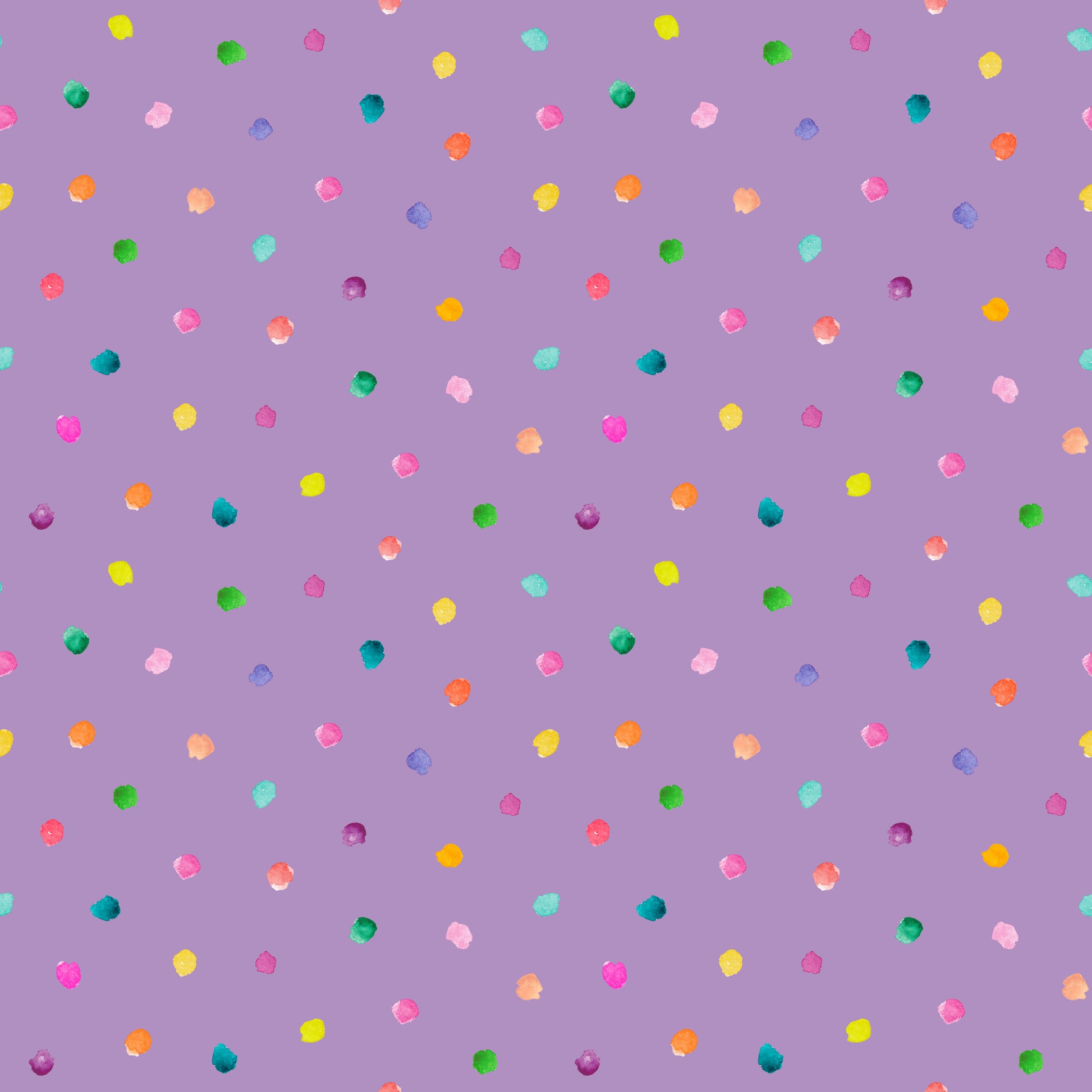 Stoff mit Punkten Aquarell – locker verteilte, handgemalte Konfetti-Punkte in Pink, Orange, Grün und Gelb auf warmem Flieder. Reaktivdruck auf Öko-Tex Standard 100 zertifizierten Stoffqualitäten, Meterware.