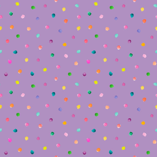 Stoff mit Punkten Aquarell – locker verteilte, handgemalte Konfetti-Punkte in Pink, Orange, Grün und Gelb auf warmem Flieder. Reaktivdruck auf Öko-Tex Standard 100 zertifizierten Stoffqualitäten, Meterware.