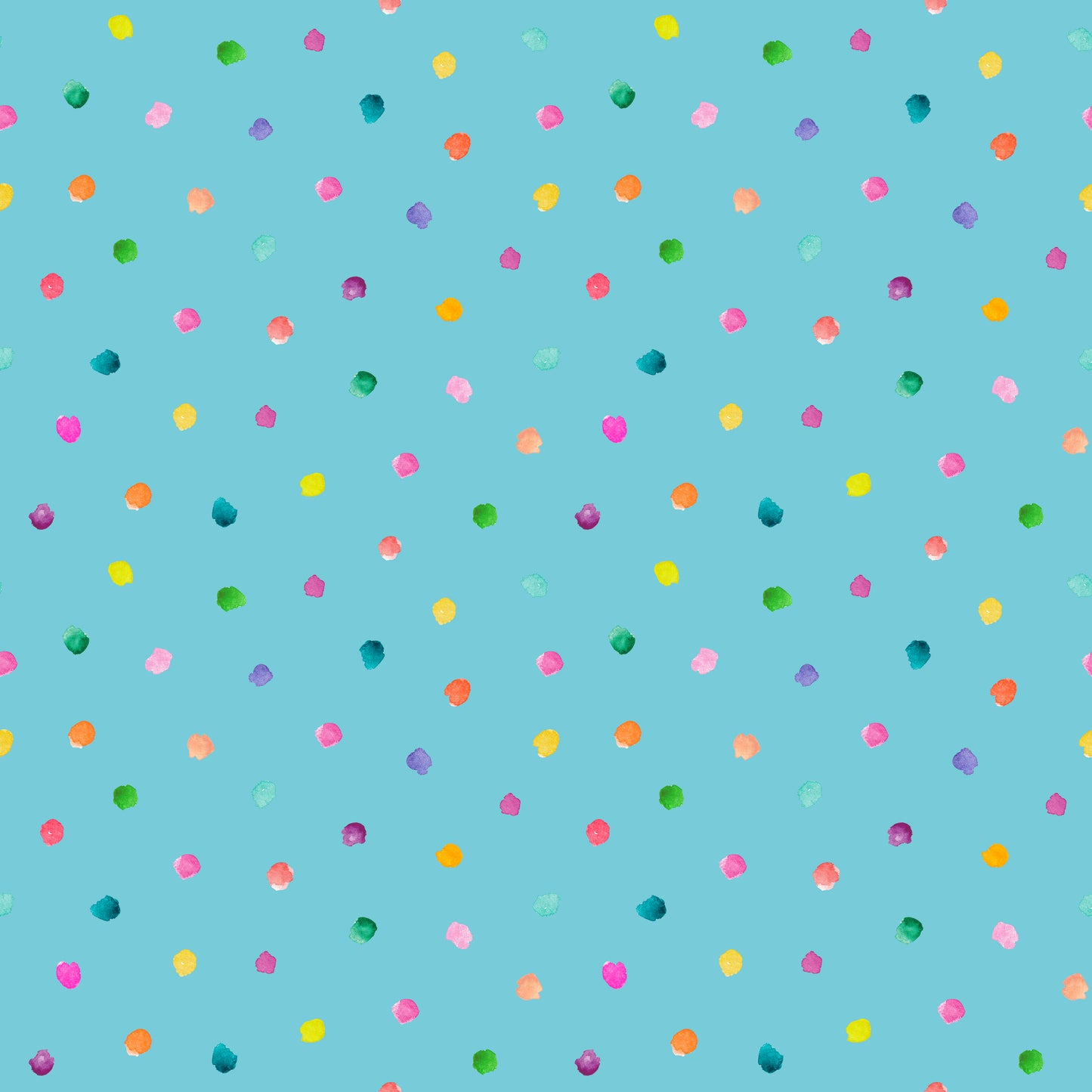 Stoff mit Punkten Aquarell – locker verteilte, handgemalte Konfetti-Punkte in Pink, Orange, Grün, Gelb und Lila auf sattem Petrolblau. Reaktivdruck auf Öko-Tex Standard 100 zertifizierten Stoffqualitäten, Meterware.