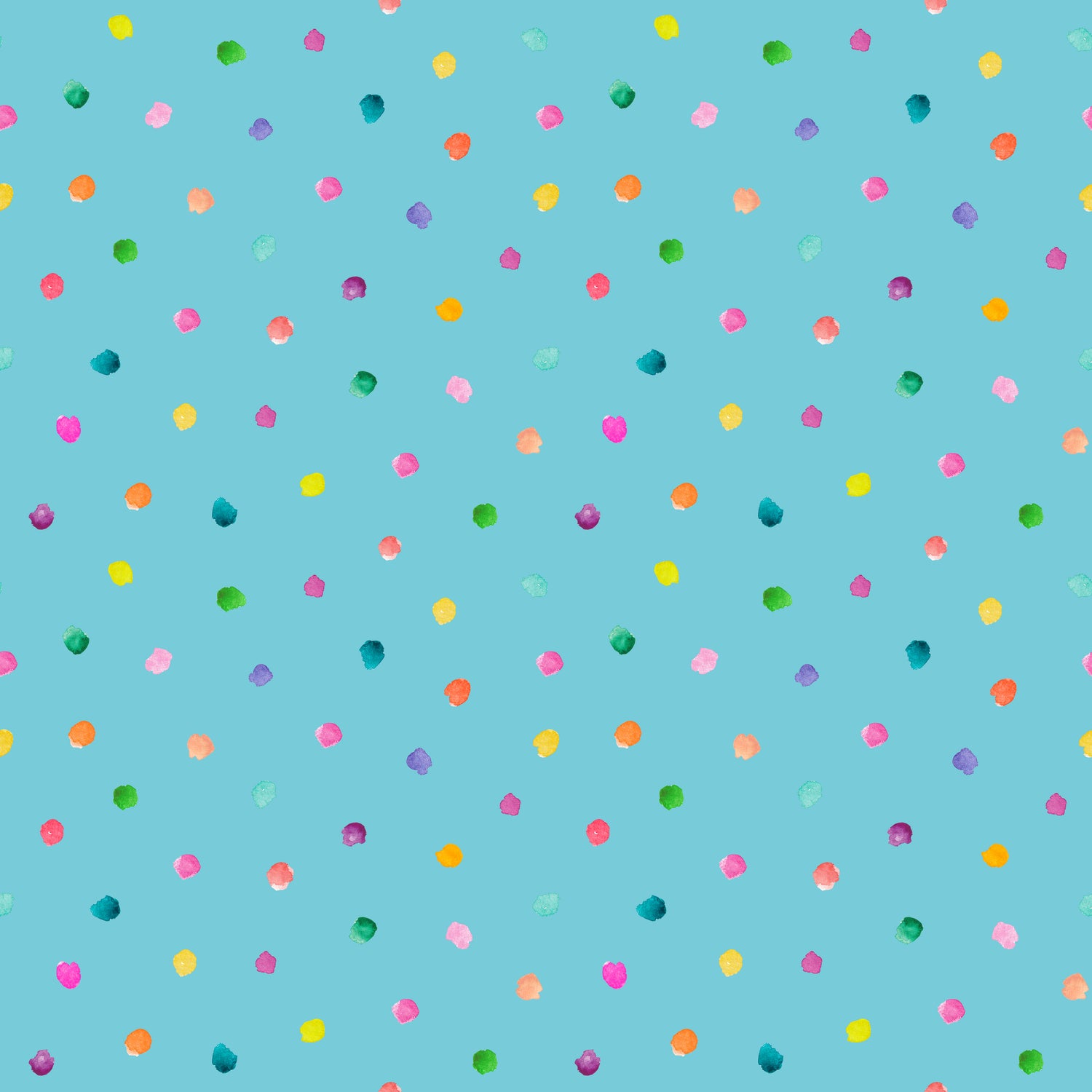 Stoff mit Punkten Aquarell – locker verteilte, handgemalte Konfetti-Punkte in Pink, Orange, Grün, Gelb und Lila auf sattem Petrolblau. Reaktivdruck auf Öko-Tex Standard 100 zertifizierten Stoffqualitäten, Meterware.