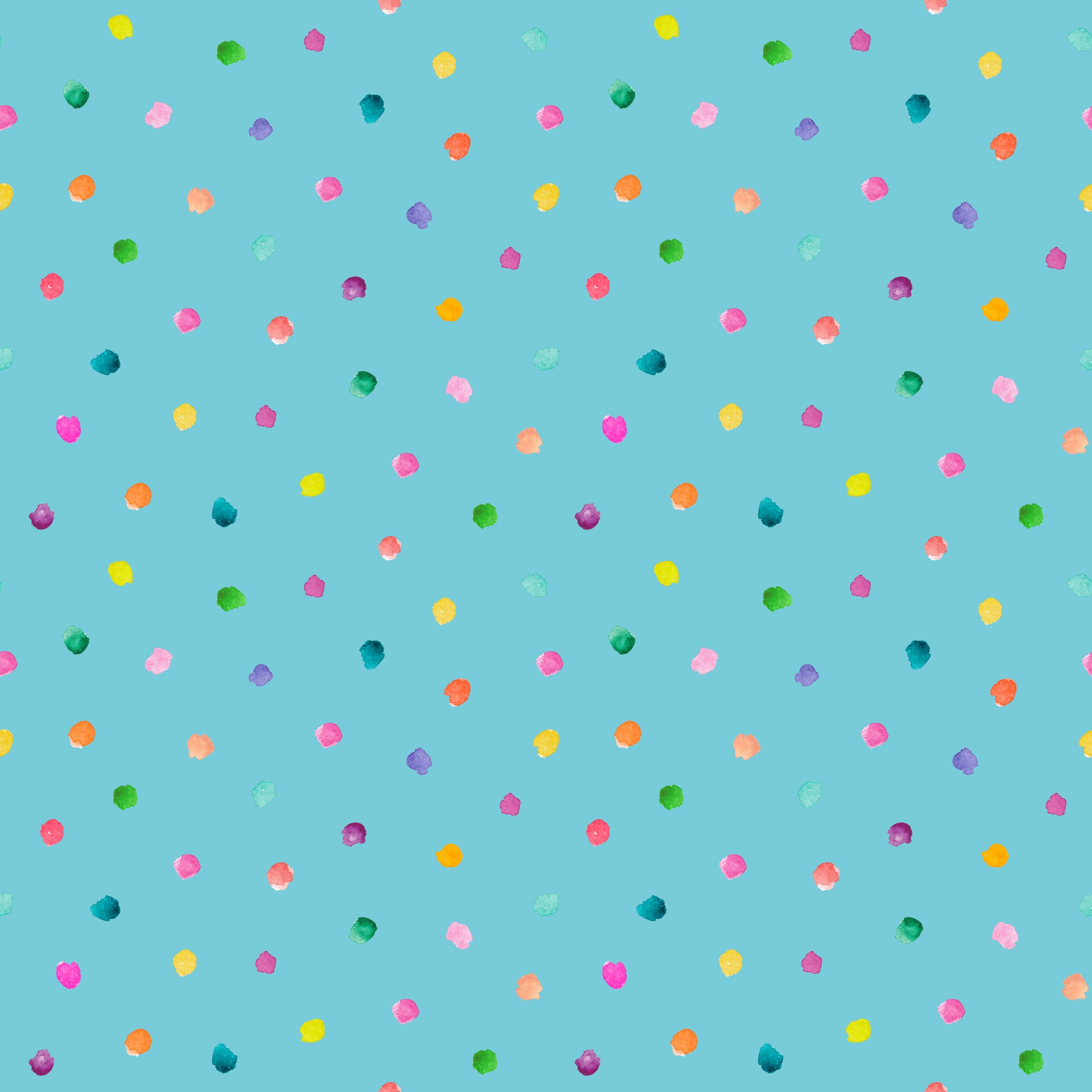 Stoff mit Punkten Aquarell – locker verteilte, handgemalte Konfetti-Punkte in Pink, Orange, Grün, Gelb und Lila auf sattem Petrolblau. Reaktivdruck auf Öko-Tex Standard 100 zertifizierten Stoffqualitäten, Meterware.