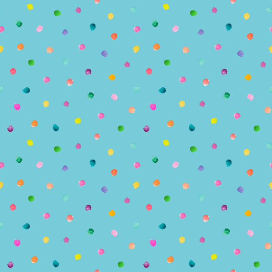 Stoff mit Punkten Aquarell – locker verteilte, handgemalte Konfetti-Punkte in Pink, Orange, Grün, Gelb und Lila auf sattem Petrolblau. Reaktivdruck auf Öko-Tex Standard 100 zertifizierten Stoffqualitäten, Meterware.