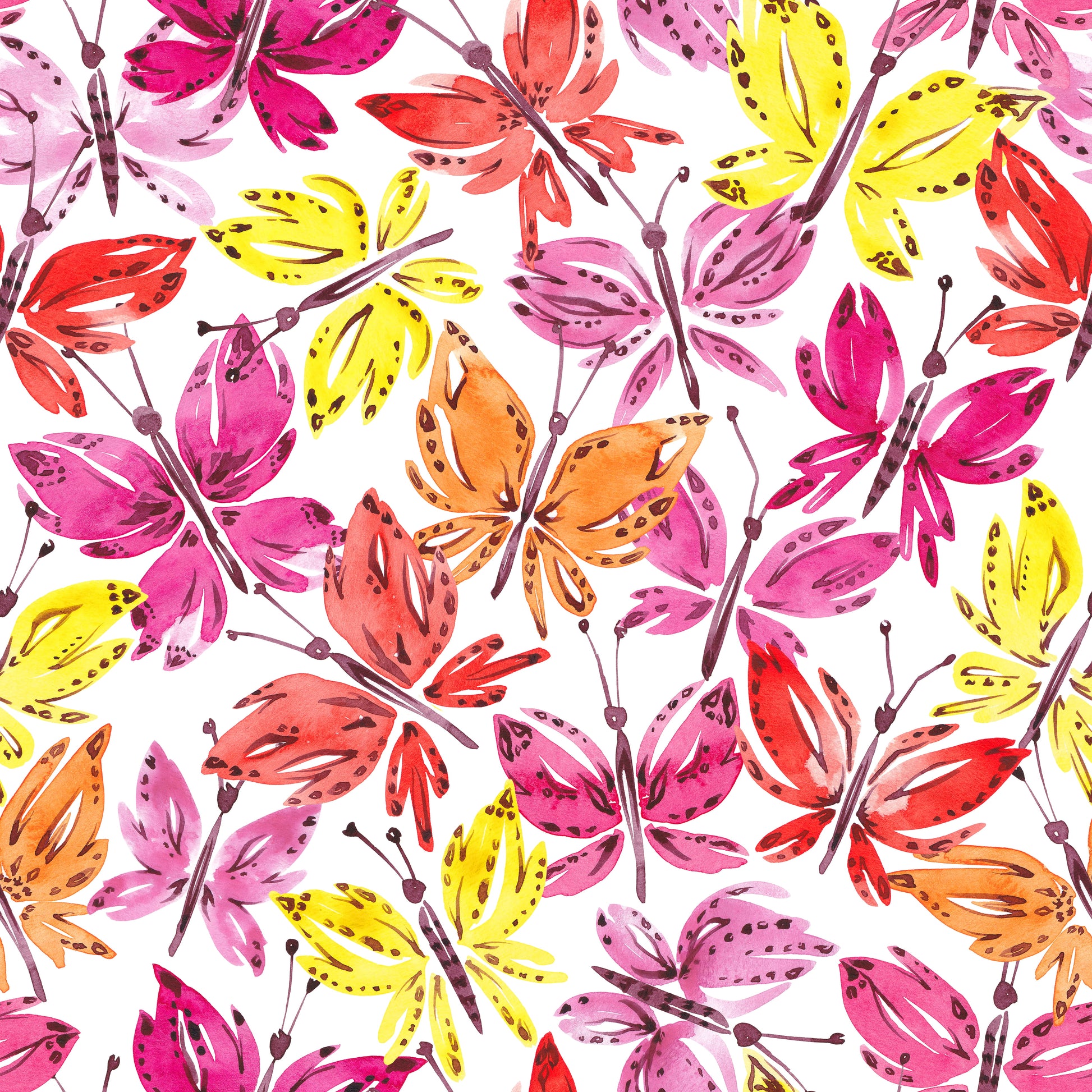 Stoff mit Schmetterlingen – handgemalte Aquarellschmetterlinge in Pink, Rot, Orange und Gelb auf weißem Hintergrund. Reaktivdruck auf Öko-Tex Standard 100 zertifizierten Stoffqualitäten, Meterware.