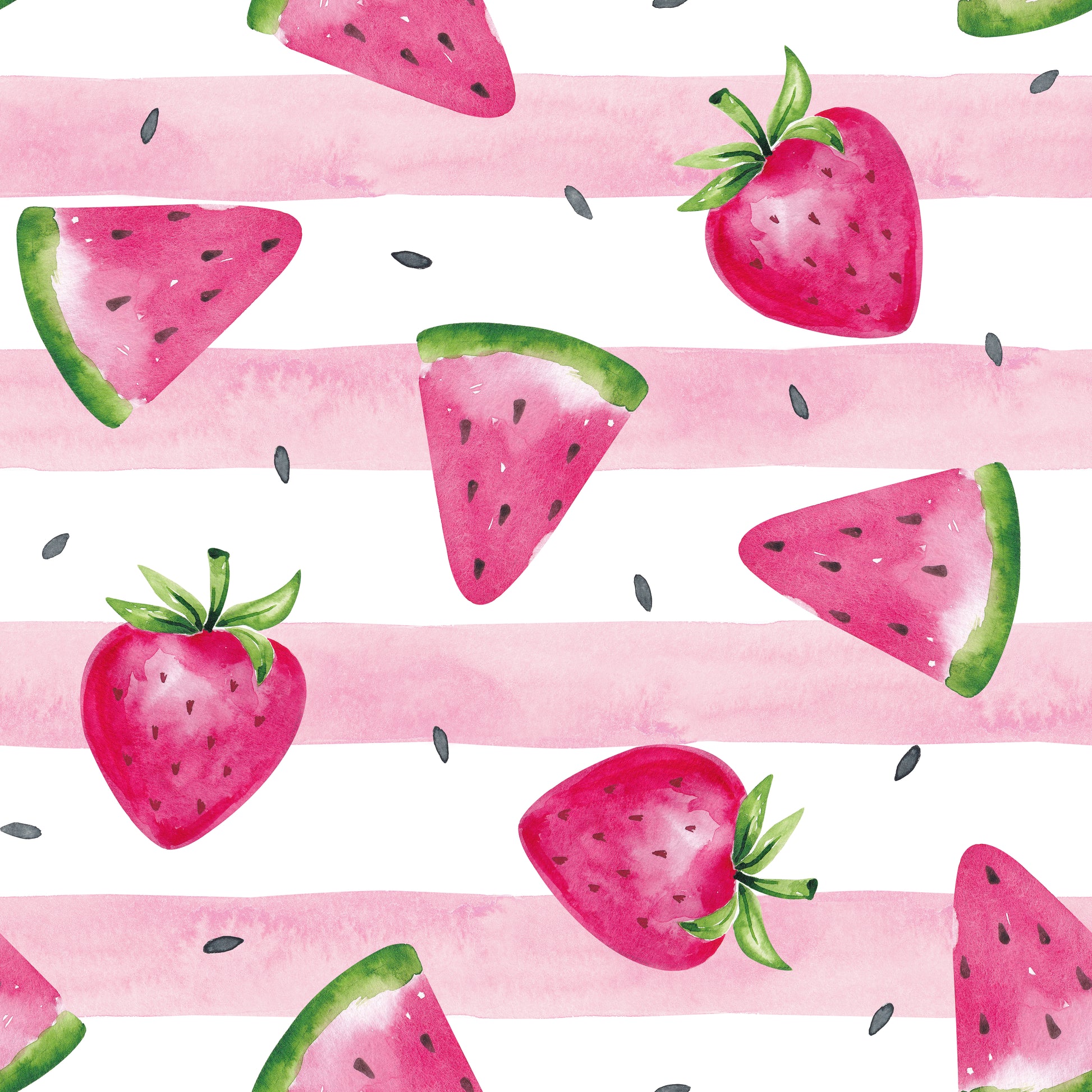 Erdbeerstoff mit Aquarellstreifen – handgemalte Erdbeeren und rosa Streifen auf weißem Hintergrund. Reaktivdruck auf Öko-Tex Standard 100 zertifizierten Stoffqualitäten, Meterware für Kinder- und Damenkleidung.