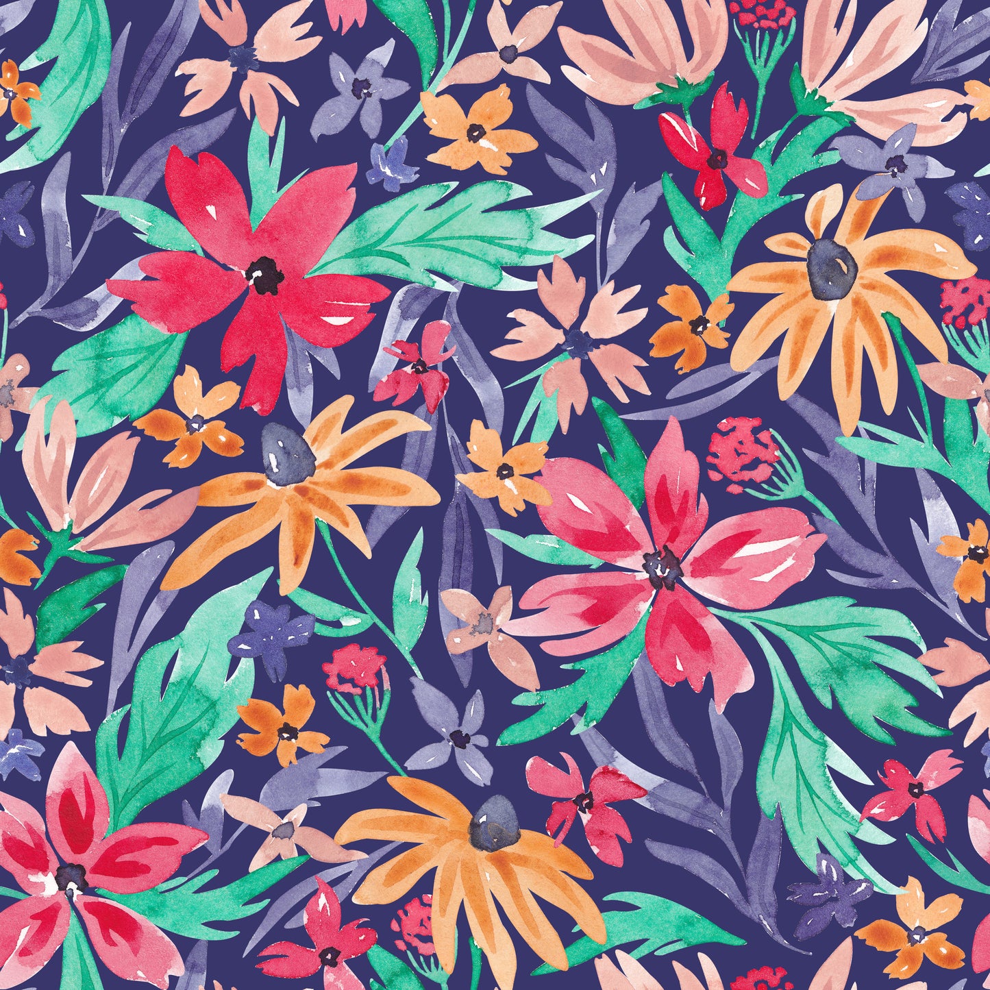 Blumenstoff Aquarell in Dunkelblau – handgemalte Blüten in Orange, Rot, Rosa und Beige mit grünen und lila Blättern. Wildflower-Design, Reaktivdruck auf Öko-Tex Standard 100 zertifizierten Stoffqualitäten, Meterware.