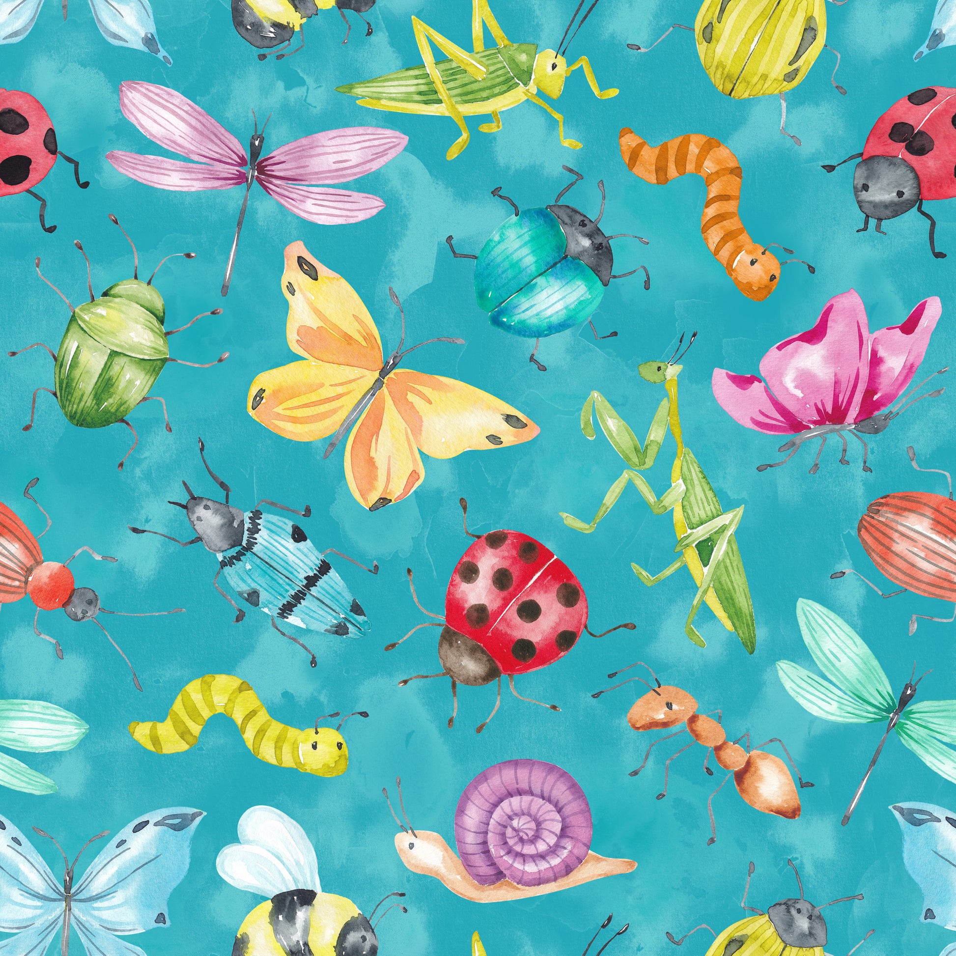 Kinderstoff mit Insekten in Türkis – handgemalte Aquarellmotive mit Marienkäfer, Schmetterling, Libelle, Heuschrecke, Schnecke und Raupe auf türkisem Hintergrund. Reaktivdruck auf Öko-Tex Standard 100 zertifizierten Stoffqualitäten, Meterware.