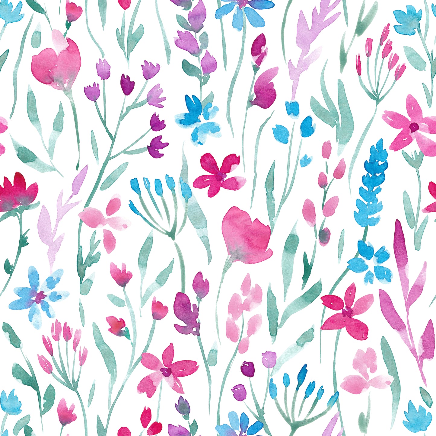 Blumenstoff Wildflower Waltz in Weiß – locker verteilte, handgemalte Aquarellblüten und Gräser in Pink, Türkis, Lila und Grün auf weißem Hintergrund. Reaktivdruck auf Öko-Tex Standard 100 zertifizierten Stoffqualitäten, Meterware.