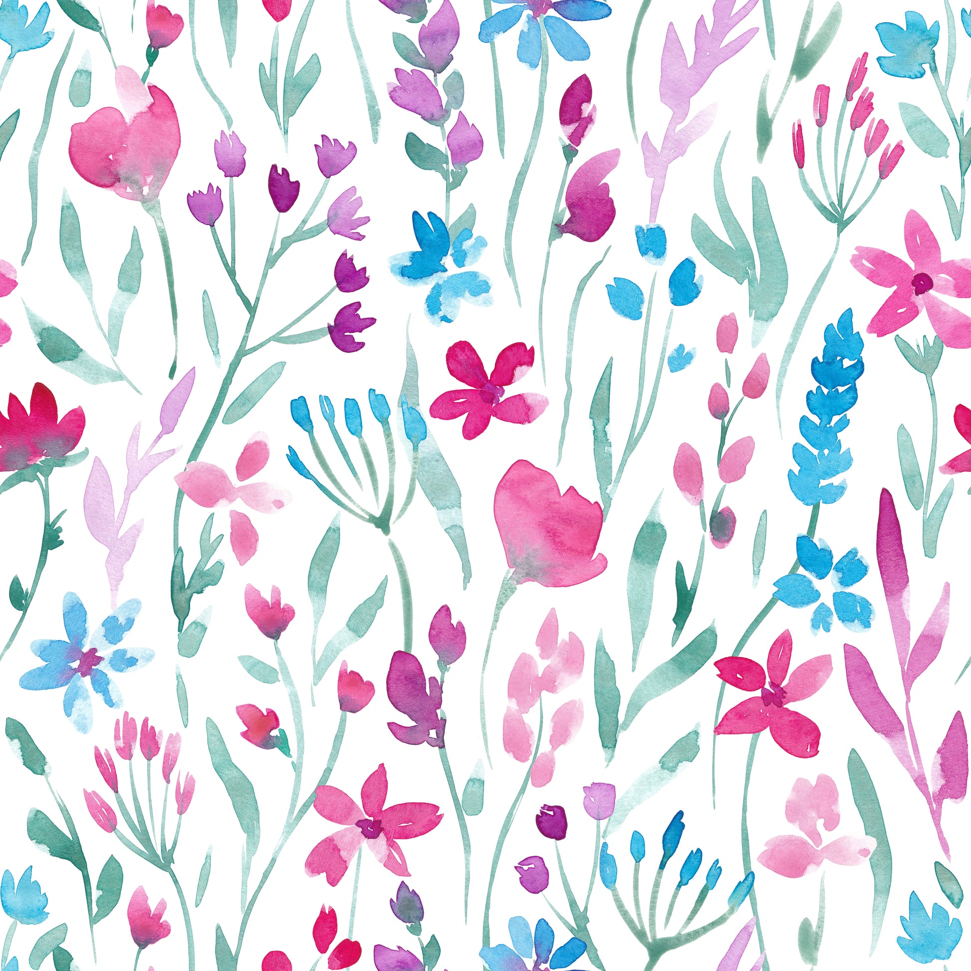 Blumenstoff Wildflower Waltz in Weiß – locker verteilte, handgemalte Aquarellblüten und Gräser in Pink, Türkis, Lila und Grün auf weißem Hintergrund. Reaktivdruck auf Öko-Tex Standard 100 zertifizierten Stoffqualitäten, Meterware.
