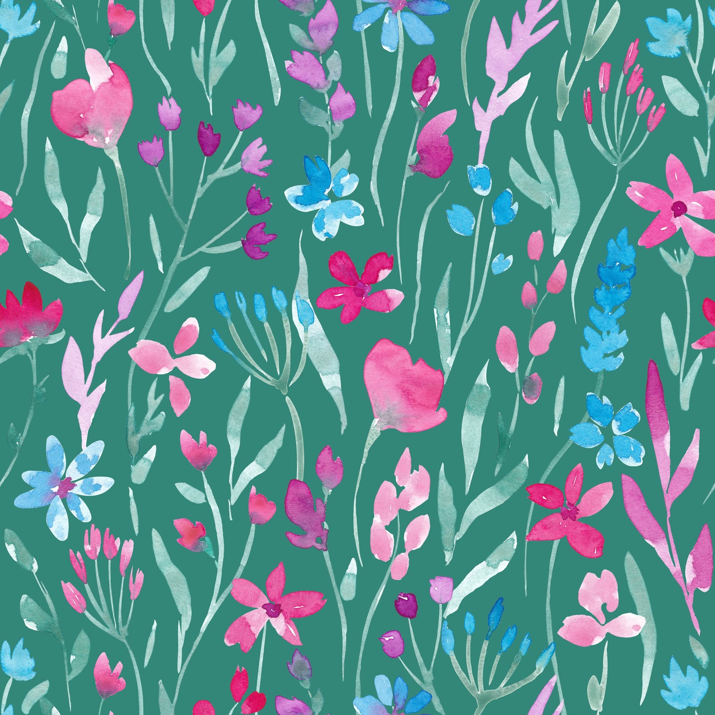Blumenstoff Wildflower Waltz in Grün – handgemalte Aquarellblüten und Gräser in Pink, Türkis und Rosé auf sattem Smaragdgrün. Reaktivdruck auf Öko-Tex Standard 100 zertifizierten Stoffqualitäten, Meterware.