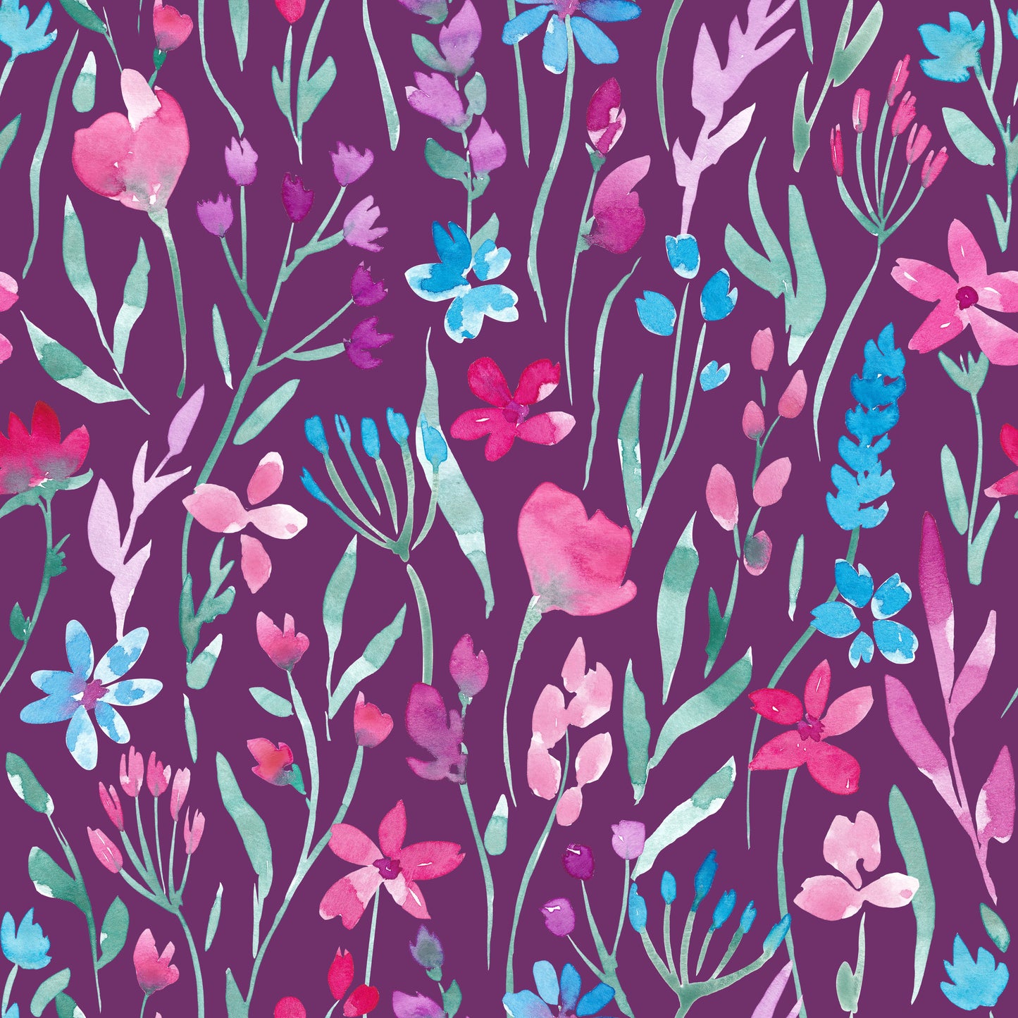 Blumenstoff Wildflower Waltz in Pflaume – handgemalte Aquarellblüten und Gräser in Pink, Türkis und Grün auf tiefem Pflaumenviolett. Reaktivdruck auf Öko-Tex Standard 100 zertifizierten Stoffqualitäten, Meterware.