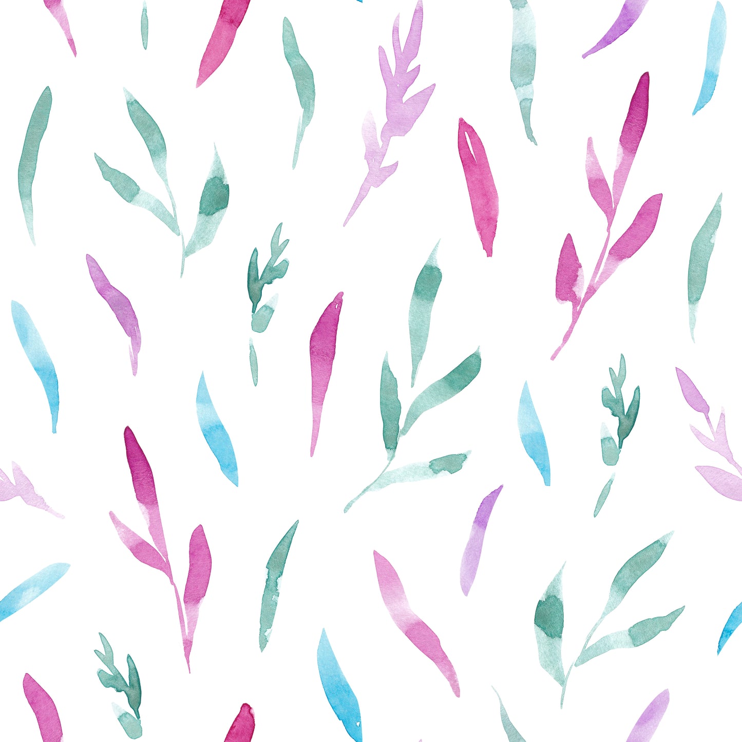 Kombistoff Aquarell Blätter Wildflower Waltz – locker verteilte, handgemalte Blätter und Zweige in Pink, Türkis, Lila und Grün auf weißem Hintergrund. Reaktivdruck auf Öko-Tex Standard 100 zertifizierten Stoffqualitäten, Meterware.