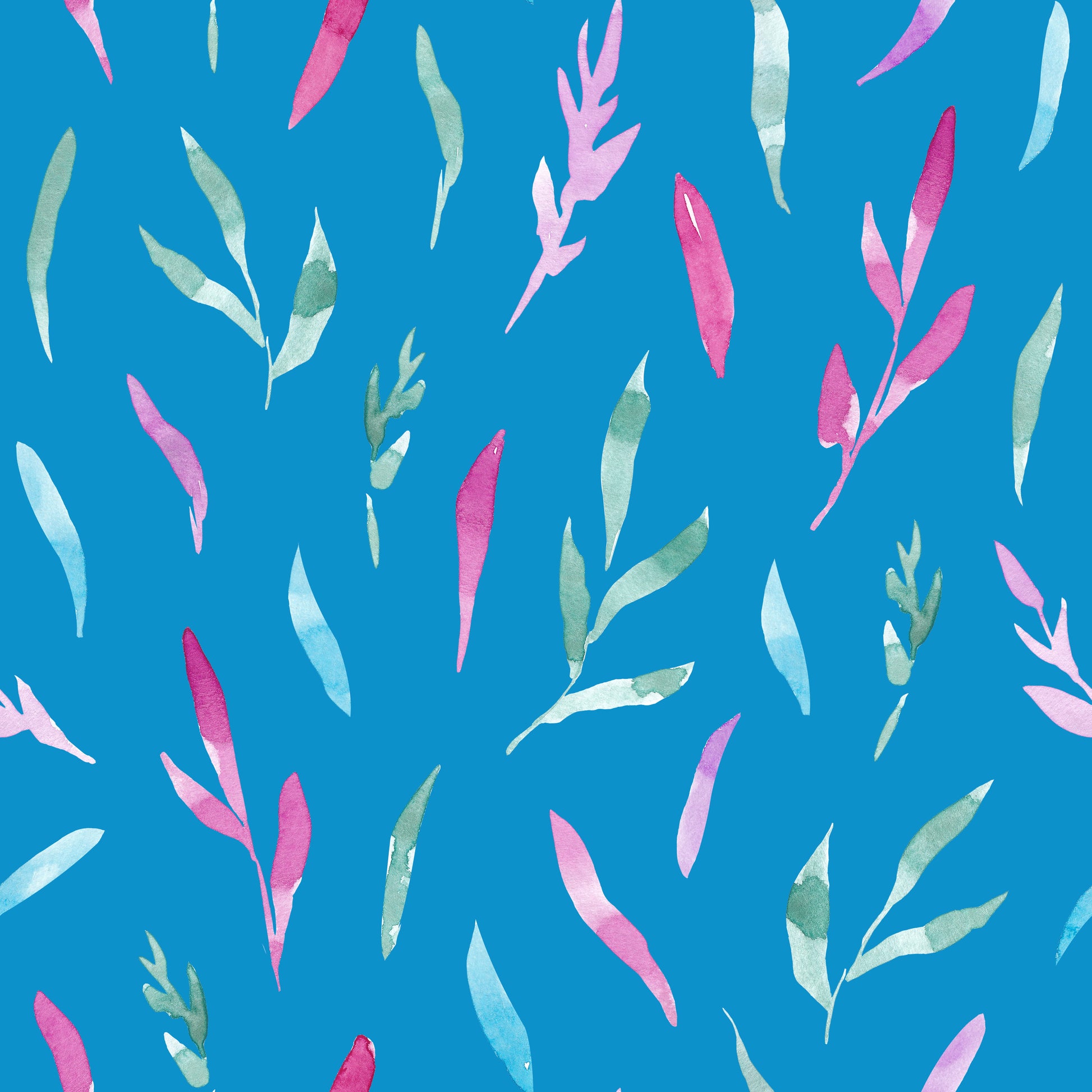 Kombistoff Aquarell Blätter Wildflower Waltz in Blau – locker verteilte, handgemalte Blätter und Zweige in Pink, Flieder und Salbeigrün auf kräftigem Petrolblau. Reaktivdruck auf Öko-Tex Standard 100 zertifizierten Stoffqualitäten, Meterware.