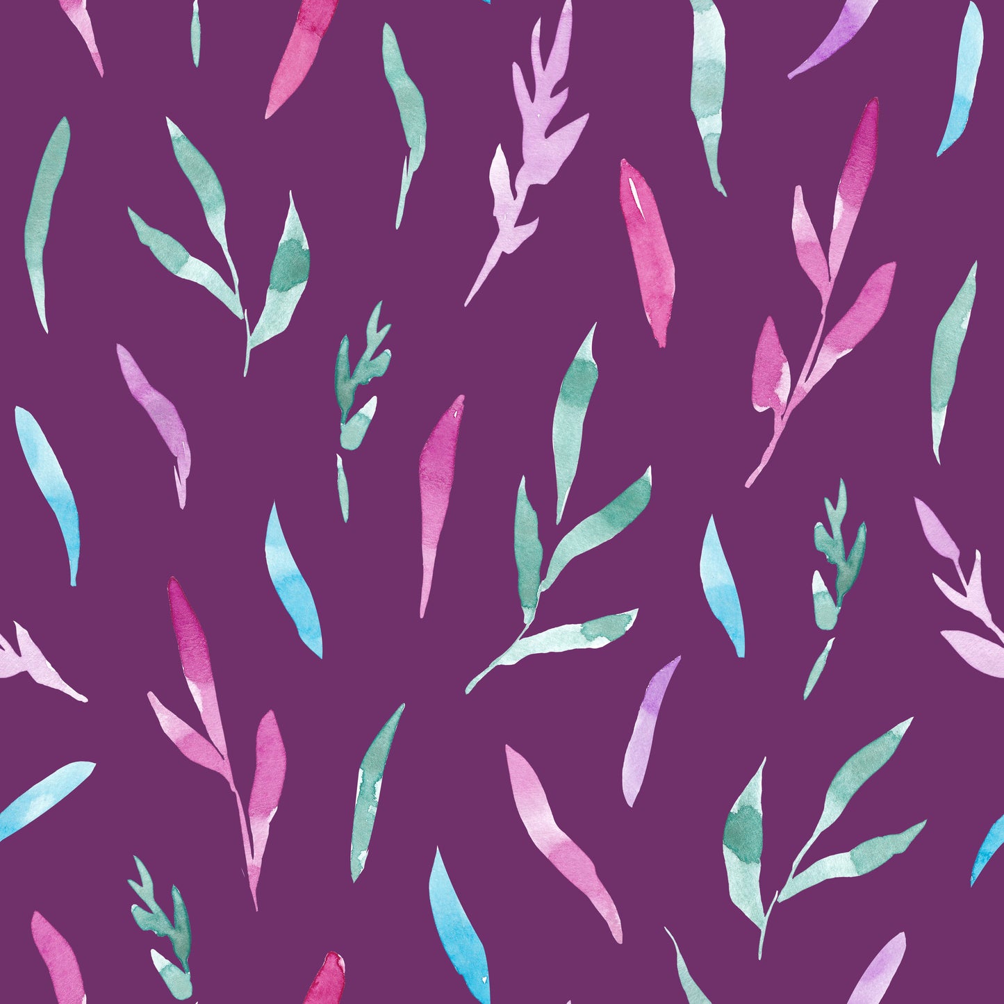 Kombistoff Aquarell Blätter Wildflower Waltz in Pflaume – locker verteilte, handgemalte Blätter und Zweige in Pink, Flieder, Salbei und Türkis auf tiefem Pflaumenviolett. Reaktivdruck auf Öko-Tex Standard 100 zertifizierten Stoffqualitäten, Meterware.