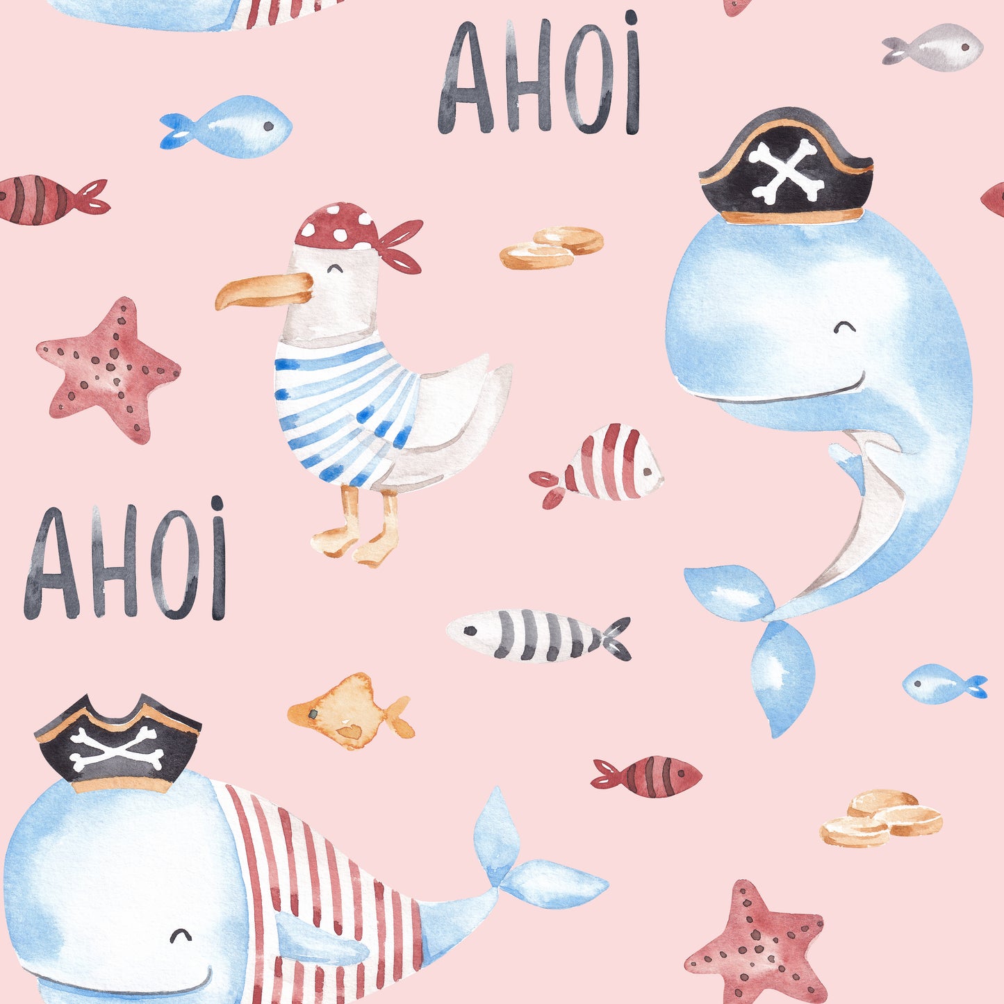 Kinderstoff Piraten in Rosa – handgemalte Aquarellmotive mit Piratenwalen, Möwe, Fischen und Seesternen auf rosafarbenem Hintergrund, Schriftzug „Ahoi". Reaktivdruck auf Öko-Tex Standard 100 zertifizierten Stoffqualitäten, Meterware.