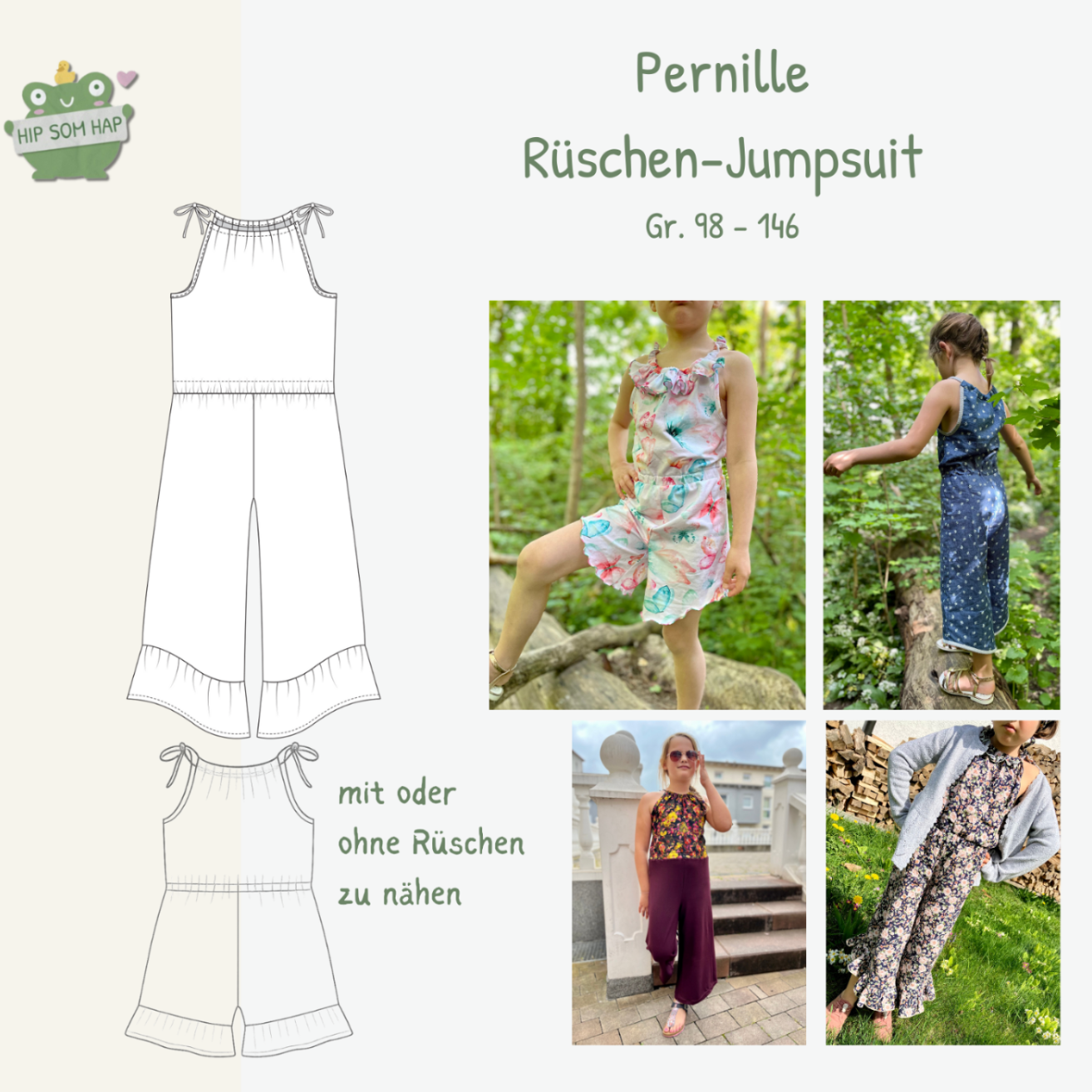 Schnittmuster Jumpsuit Pernille von HIP SOM HAP – Kinder Gr. 92–146, weite Hosenbeine in zwei Längen, mit und ohne Rüschen am Saum, A4 A0 und Beamer-Datei