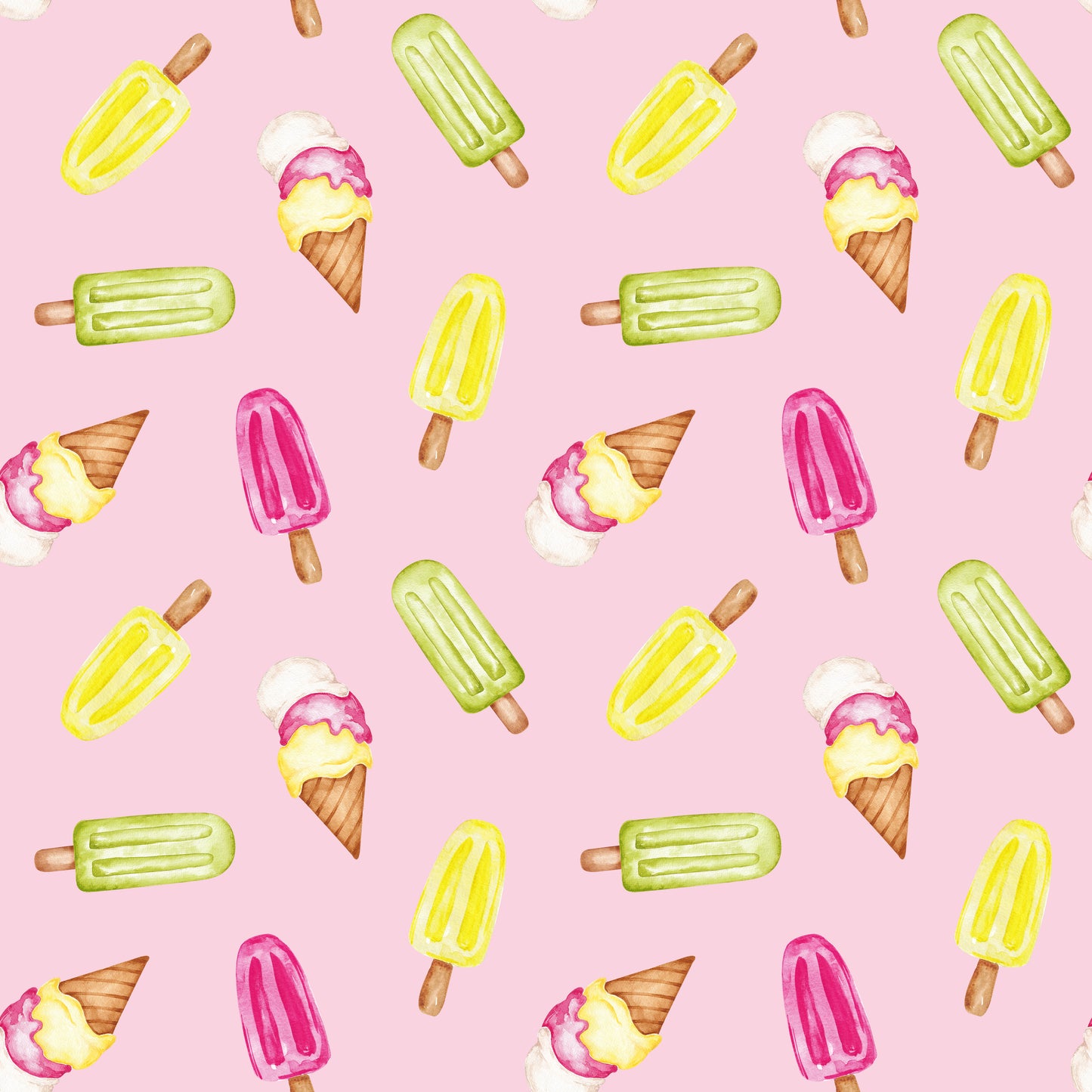 Rosa Stoff mit handgemaltem Eis am Stiel und Eistüten in Gelb, Grün und Pink, buntes Sommerdesign für Kinderkleidung