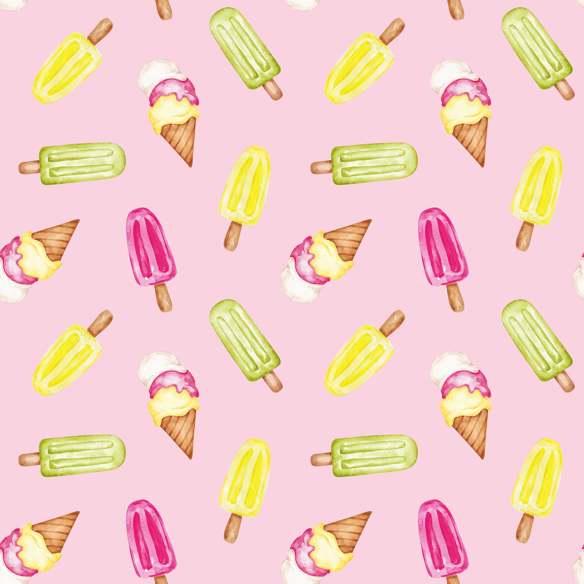 Rosa Stoff mit handgemaltem Eis am Stiel und Eistüten in Gelb, Grün und Pink, buntes Sommerdesign für Kinderkleidung