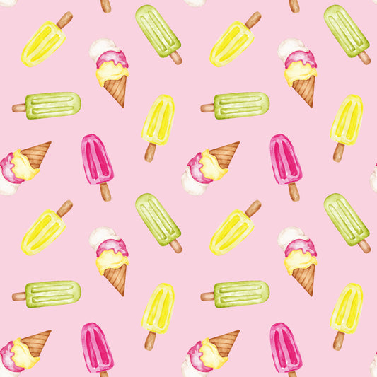 Rosa Stoff mit handgemaltem Eis am Stiel und Eistüten in Gelb, Grün und Pink, buntes Sommerdesign für Kinderkleidung