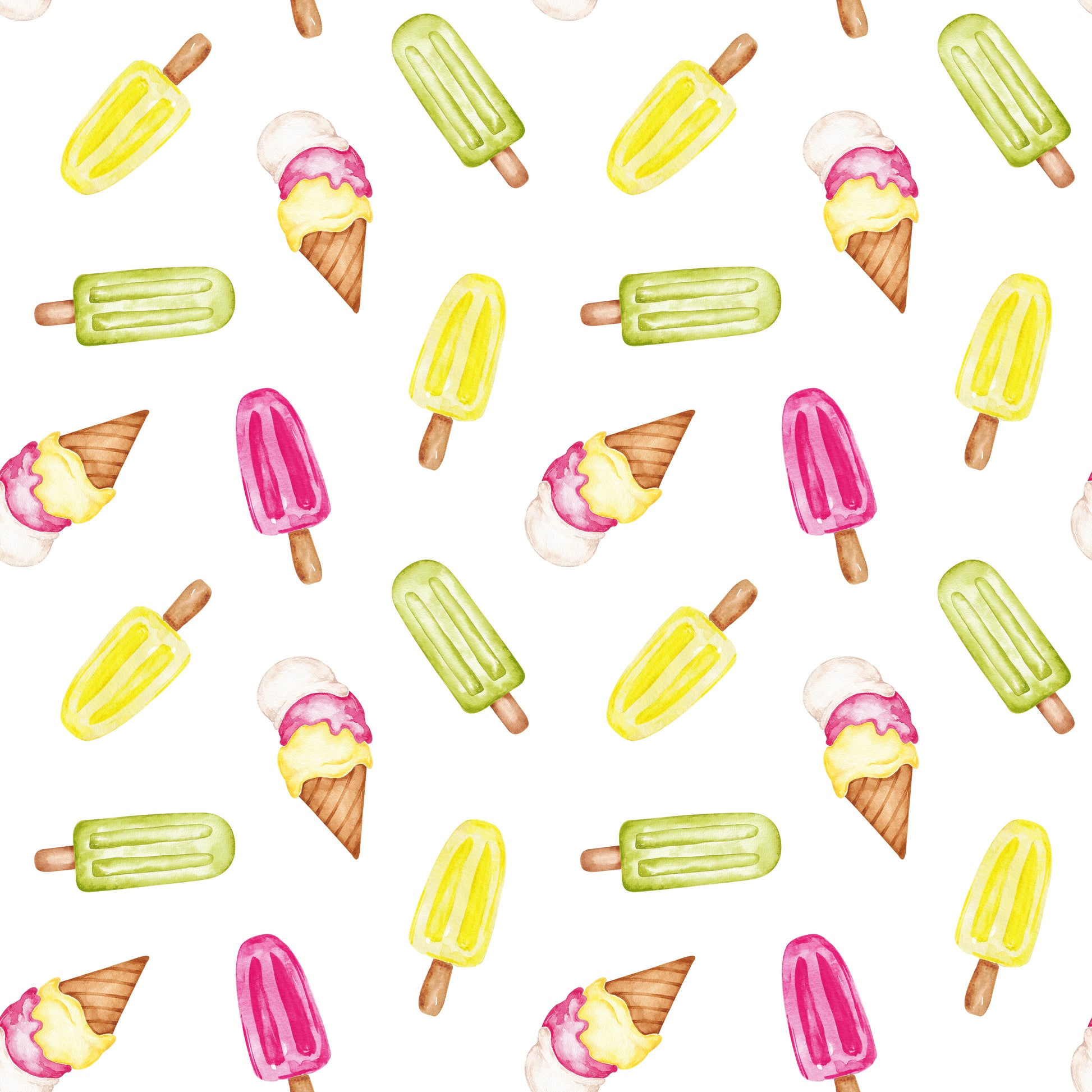 Weißer Stoff mit handgemaltem Eis am Stiel und Eistüten in Gelb, Grün und Pink, buntes Sommerdesign für Kinderkleidung.