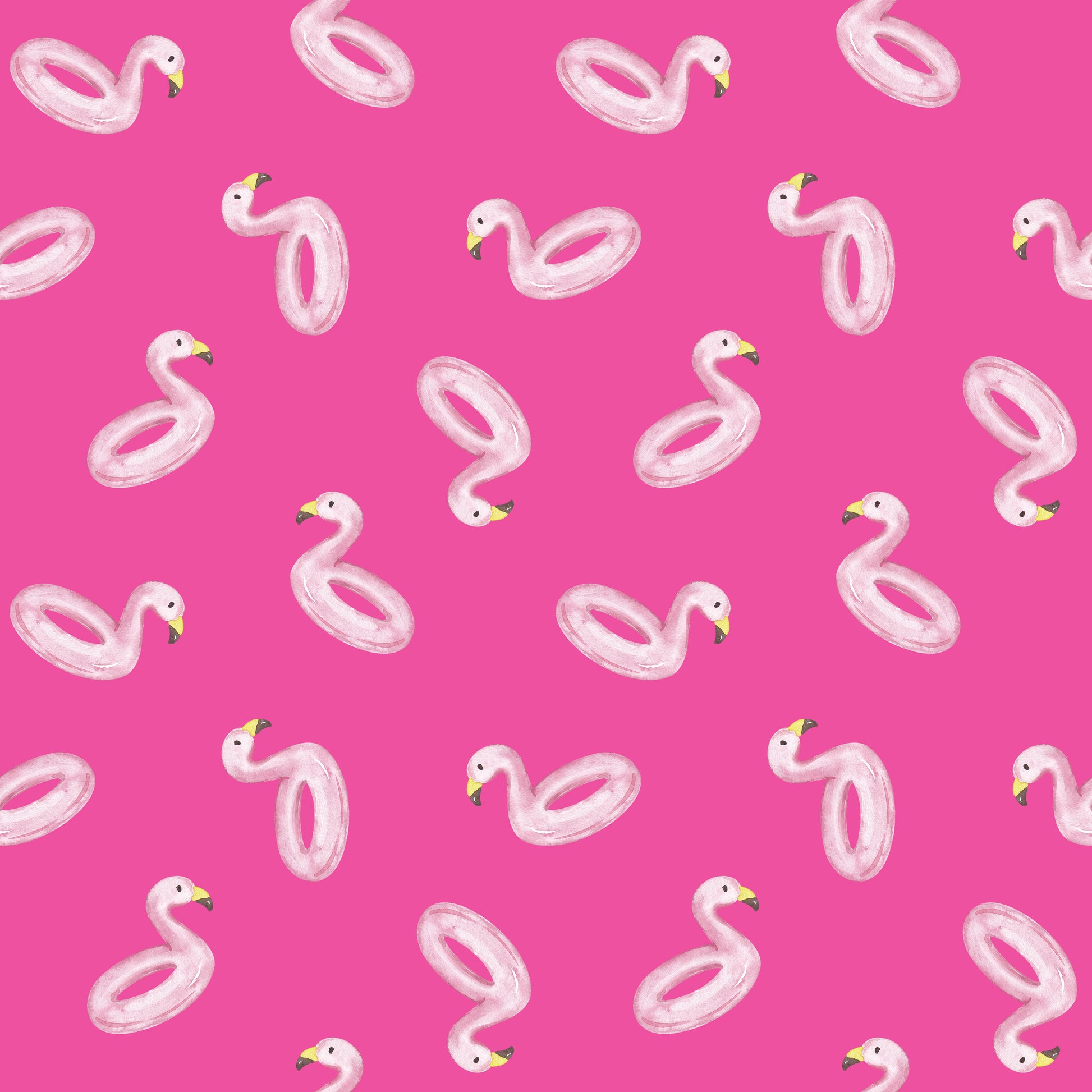Pinker Stoff mit handgemalten weißen Flamingo-Schwimmringen, Sommerdesign für Kinderkleidung und Badebekleidung.