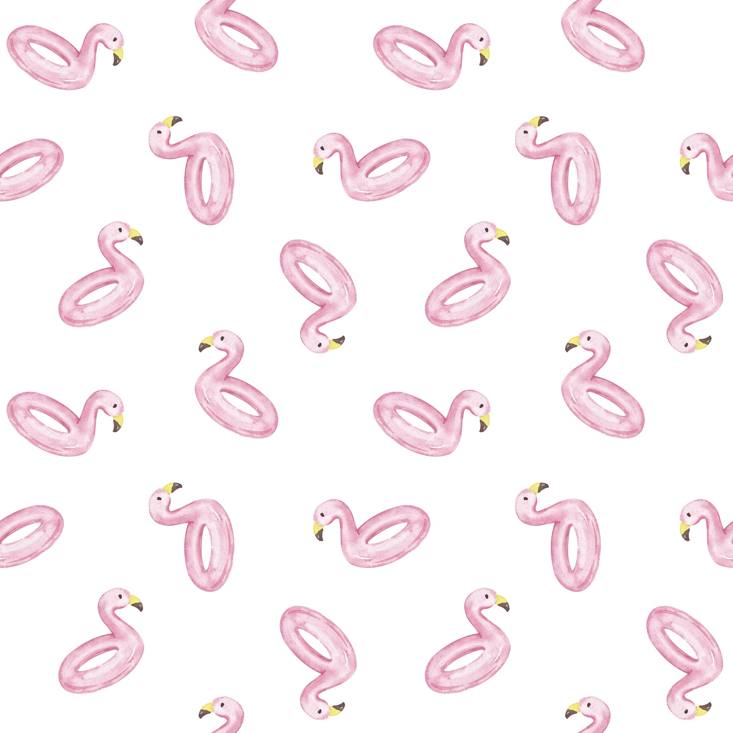 Weißer Stoff mit handgemalten rosa Flamingo-Schwimmringen, Sommerdesign für Kinderkleidung und Badebekleidung.
