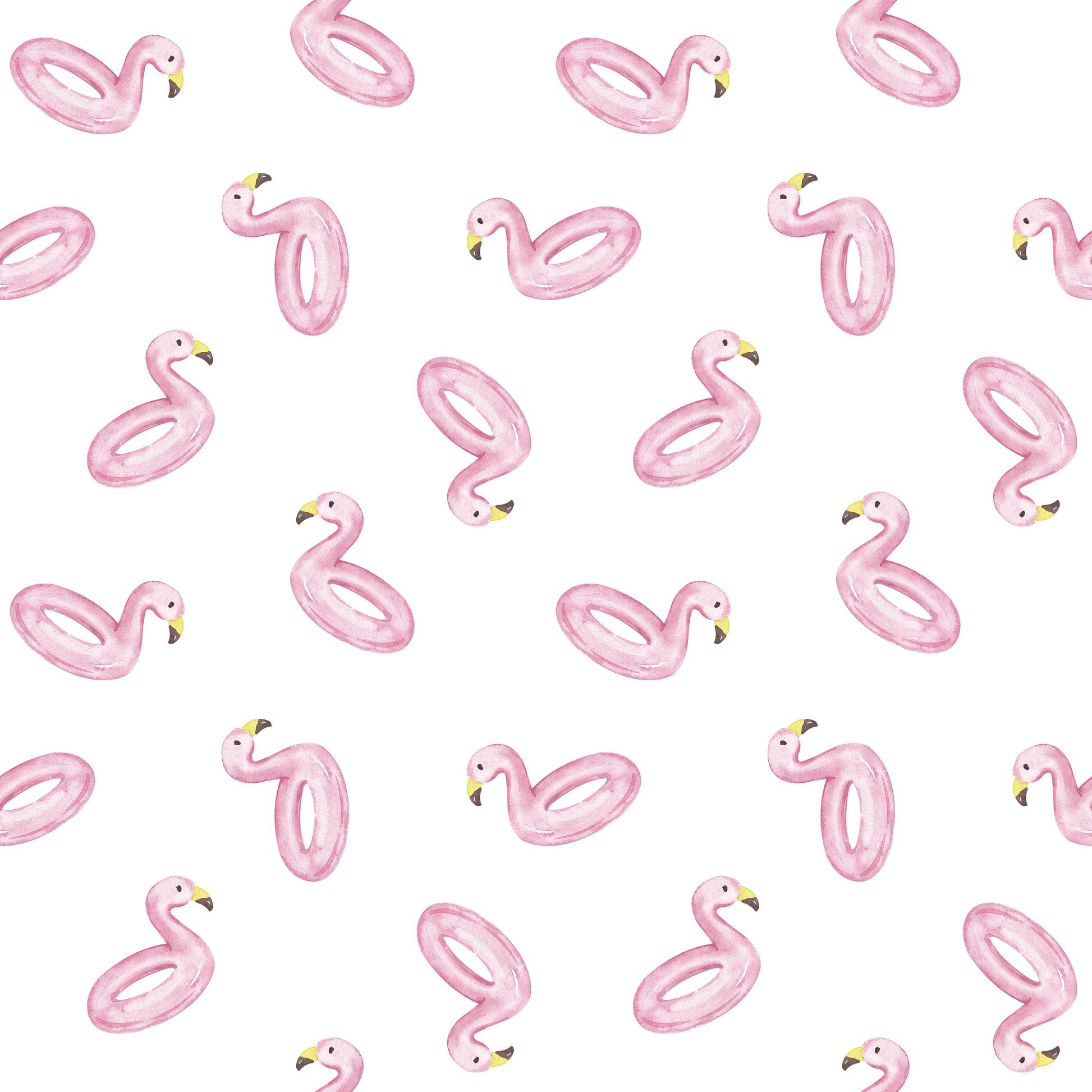 Weißer Stoff mit handgemalten rosa Flamingo-Schwimmringen, Sommerdesign für Kinderkleidung und Badebekleidung.