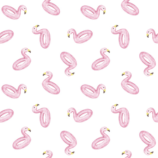 Weißer Stoff mit handgemalten rosa Flamingo-Schwimmringen, Sommerdesign für Kinderkleidung und Badebekleidung.