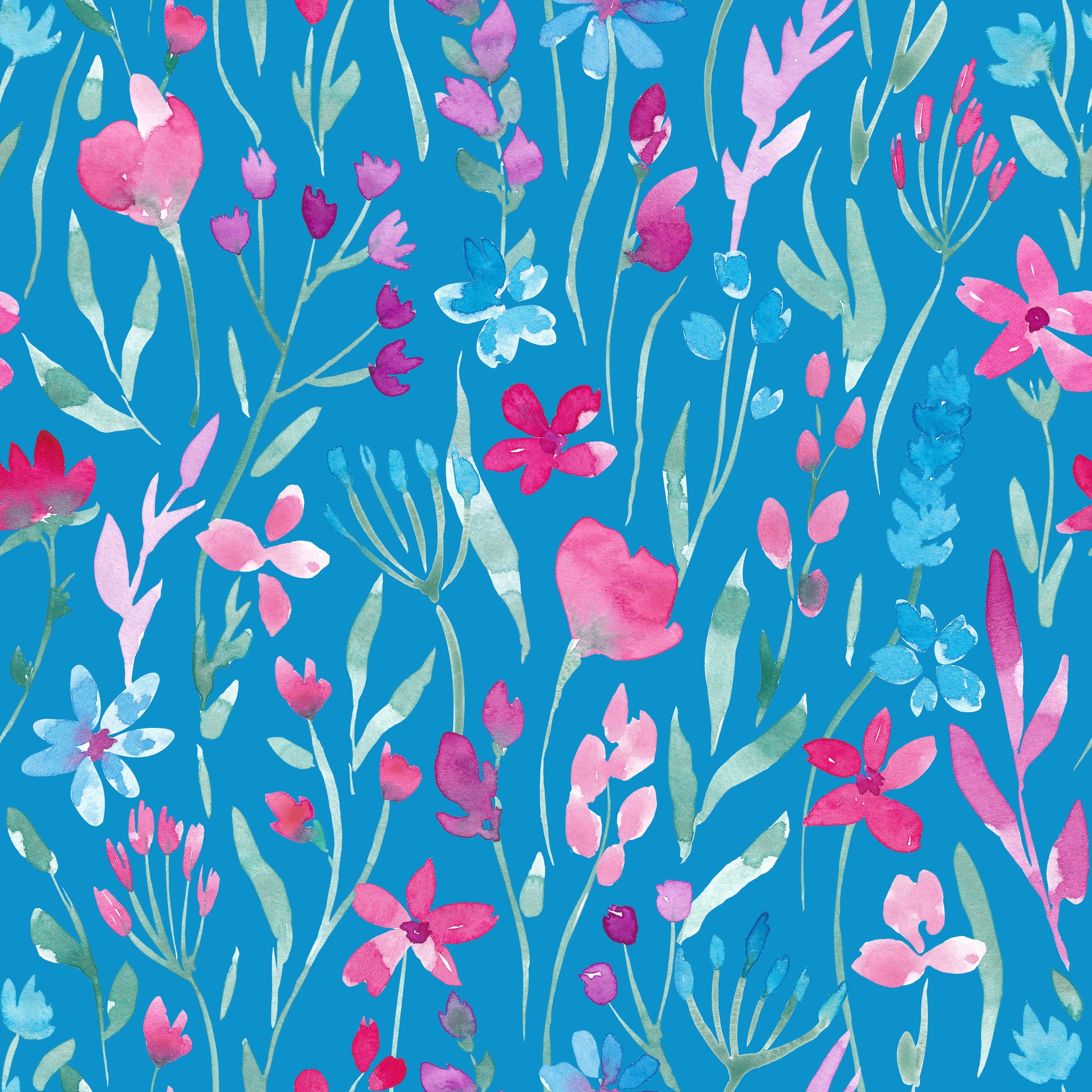 Blumenstoff Wildflower Waltz in Pink – handgemalte Aquarellblüten und Gräser auf blauem Hintergrund, Digitaldruck auf Öko-Tex zertifizierten Stoffqualitäten