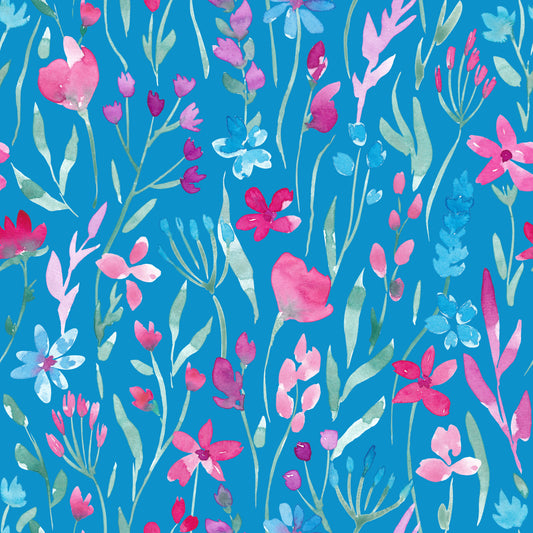 Blumenstoff Wildflower Waltz in Pink – handgemalte Aquarellblüten und Gräser auf blauem Hintergrund, Digitaldruck auf Öko-Tex zertifizierten Stoffqualitäten