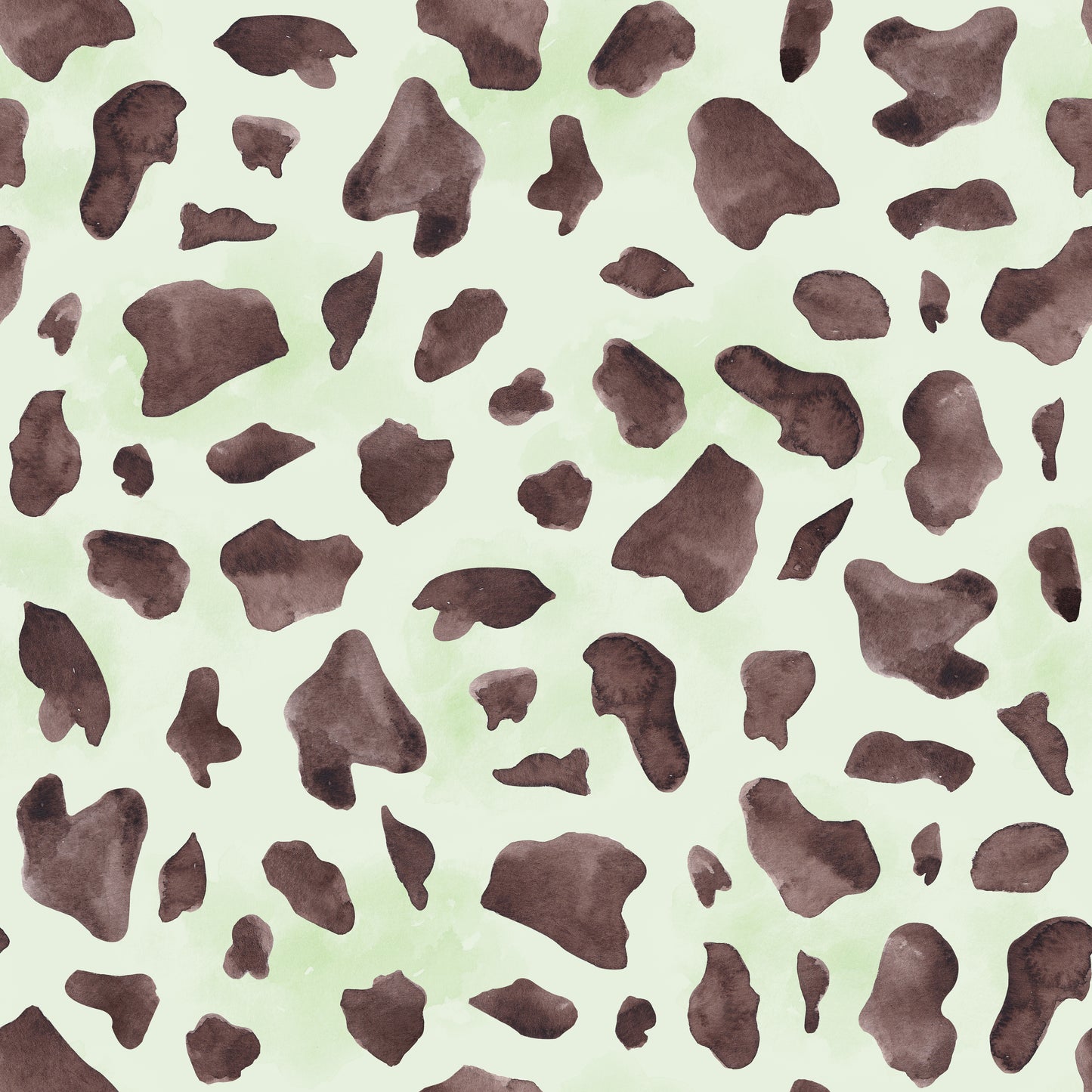 Cow-Print-Stoff mit braunen Flecken auf zartem Mint, handgemalt im Aquarell-Stil, Design Auf der Weide von HIP SOM HAP