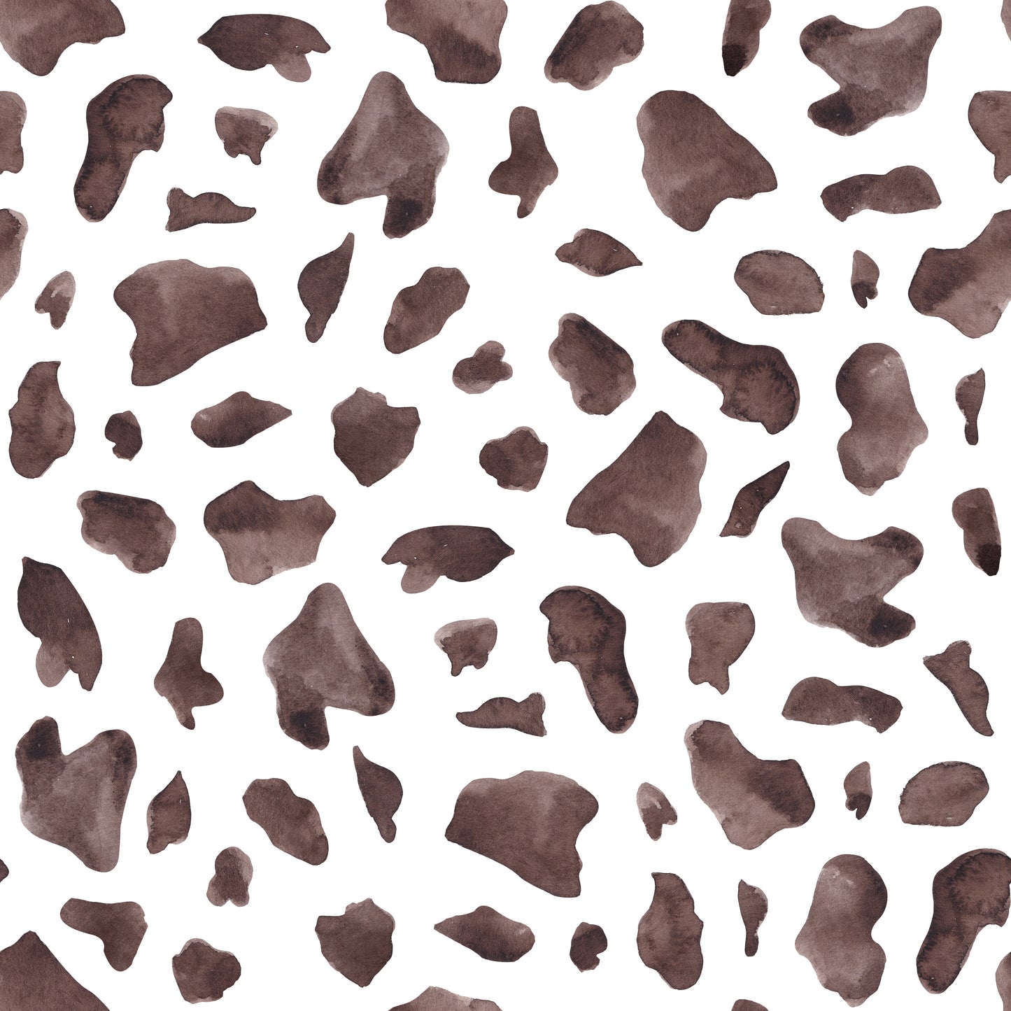 Cow-Print-Stoff mit braunen Flecken auf Weiß, handgemalt im Aquarell-Stil, Design Auf der Weide von HIP SOM HAP