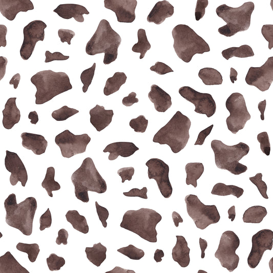 Cow-Print-Stoff mit braunen Flecken auf Weiß, handgemalt im Aquarell-Stil, Design Auf der Weide von HIP SOM HAP