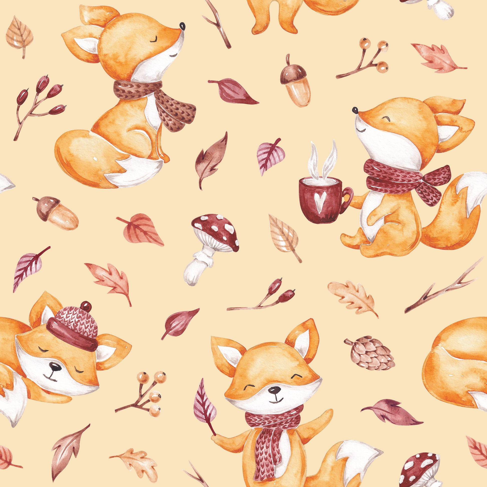 Fuchsstoff Kinder Cozy Fox Sand – handgemalte Füchse in Aquarell
