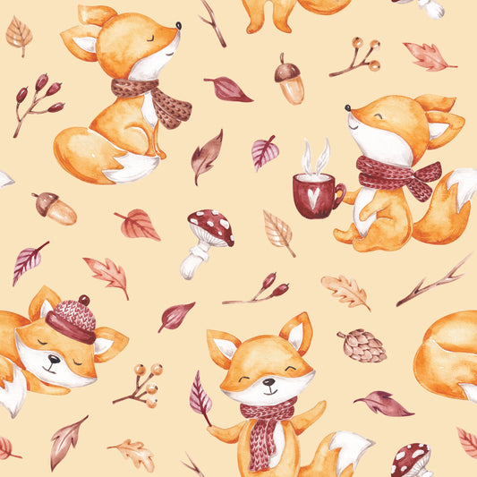Cozy Fox Fuchsstoff Kinder Musselin in Sandfarbe mit handgemalten Füchsen Kakaotasse Pilzen und Herbstblättern im nahtlosen Musterausschnitt