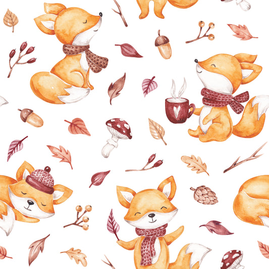 Fuchsstoff Kinder Cozy Fox nahtloses Muster auf weißem Hintergrund mit handgemalten Waldfüchsen Schal Mütze Kakaotasse Pilzen und Herbstblättern
