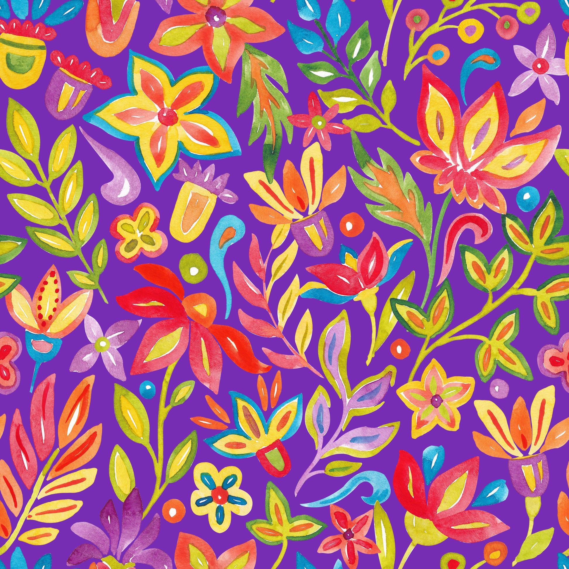 Bunter Blumenstoff "Farbenfest" – handgemalt in Aquarell, lila Colorway