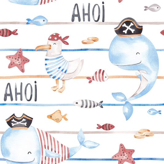 Kombistoff Streifen Piraten Freche Freibeuter in Weiß – horizontale Streifen in Blau, Rot und Naturton mit eingebetteten Piratenmotiven: Wal, Möwe, Fische und Seestern. Reaktivdruck auf Öko-Tex Standard 100 zertifizierten Stoffqualitäten, Meterware.