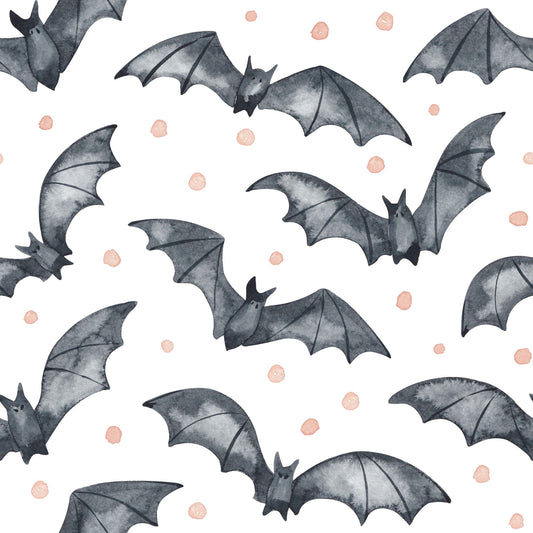 Halloween Stoff für Kinder mit fliegenden Fledermäusen auf Weiß, handgemalt im Aquarell-Stil, Design Gespensterbande von HIP SOM HAP