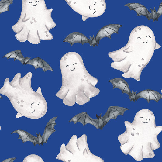 Halloween Stoff für Kinder mit lächelnden Gespenstern und Fledermäusen auf Royalblau, handgemalt im Aquarell-Stil, Design Gespensterbande von HIP SOM HAP