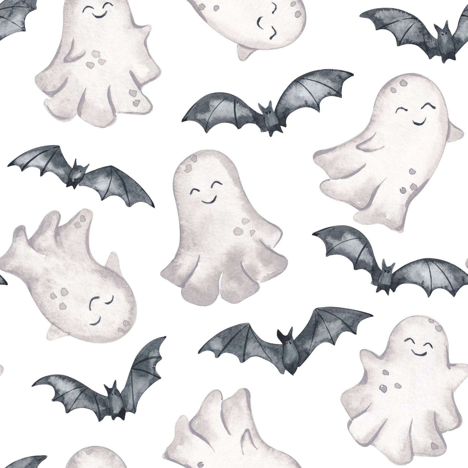 Halloween Stoff für Kinder mit lächelnden Gespenstern und Fledermäusen auf Weiß, handgemalt im Aquarell-Stil, Design Gespensterbande von HIP SOM HAP