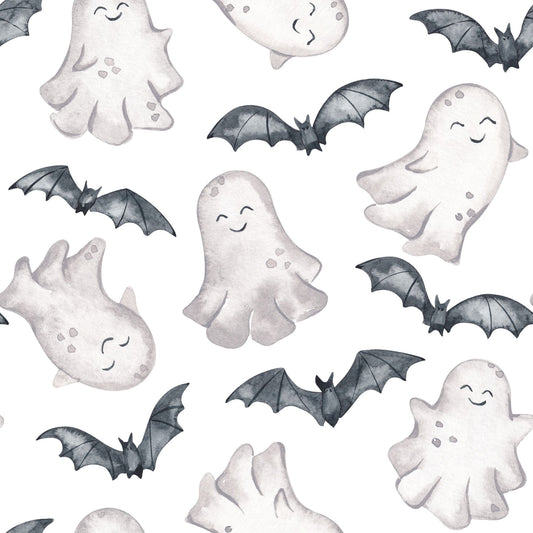 Halloween Stoff für Kinder mit lächelnden Gespenstern und Fledermäusen auf Weiß, handgemalt im Aquarell-Stil, Design Gespensterbande von HIP SOM HAP