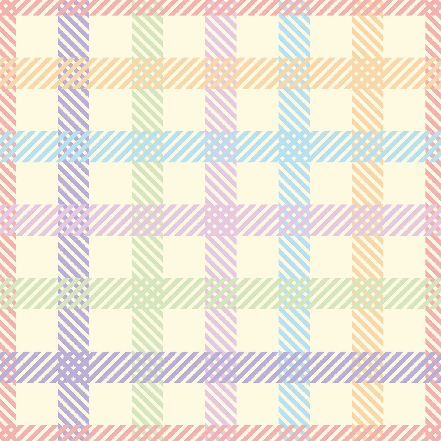 Kombistoff Karo Pastell – grafisches Karomuster mit feinen diagonalen Linien in Apricot, Flieder, Salbei und Hellblau auf cremefarbenem Hintergrund. Passend zum Confetti Leo, Reaktivdruck auf Öko-Tex Standard 100 zertifizierten Stoffqualitäten, Meterware. Design Stoelting.art.