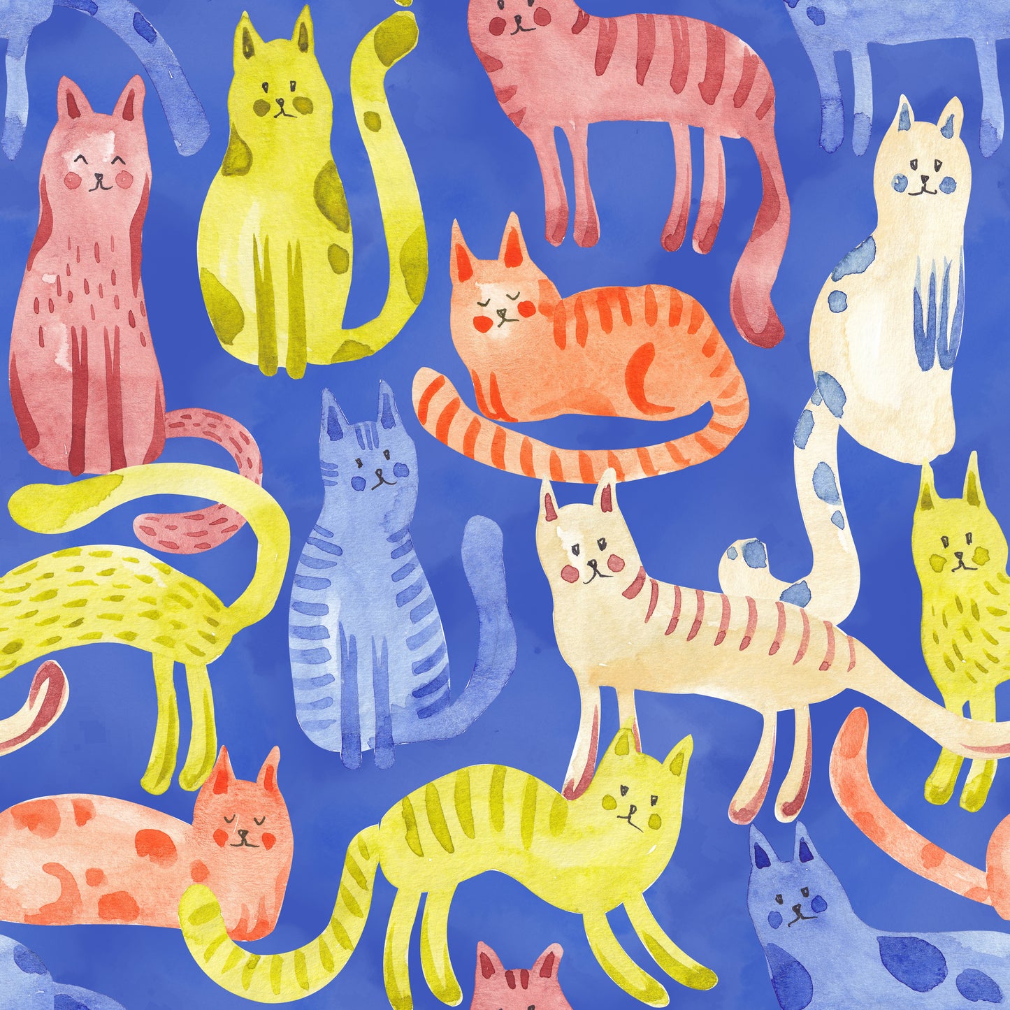 Katzenstoff Katzenbande Blau mit handgemalten Katzen in Rosa, Gelb und Orange auf blauem Grund