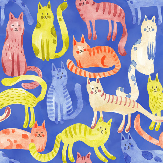 Katzenstoff Katzenbande Blau mit handgemalten Katzen in Rosa, Gelb und Orange auf blauem Grund