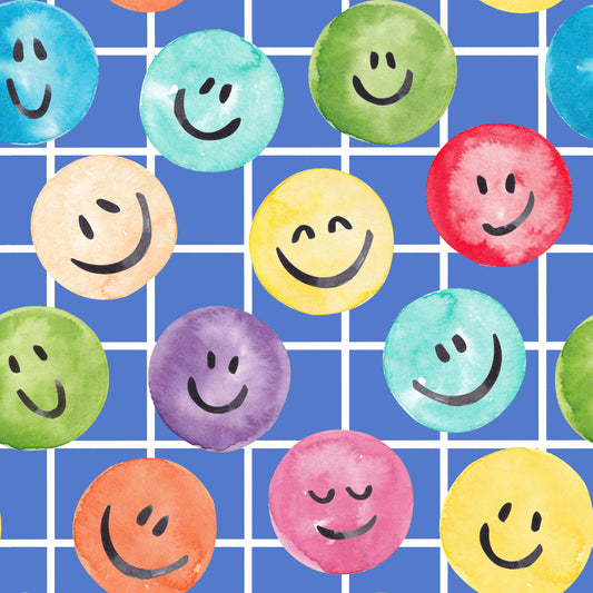 Bunter Stoff für Kinder mit lachenden Gesichtern in Regenbogenfarben auf Blau-Karo, handgemalt im Aquarell-Stil, Design Kunterbunte Gefühle von HIP SOM HAP