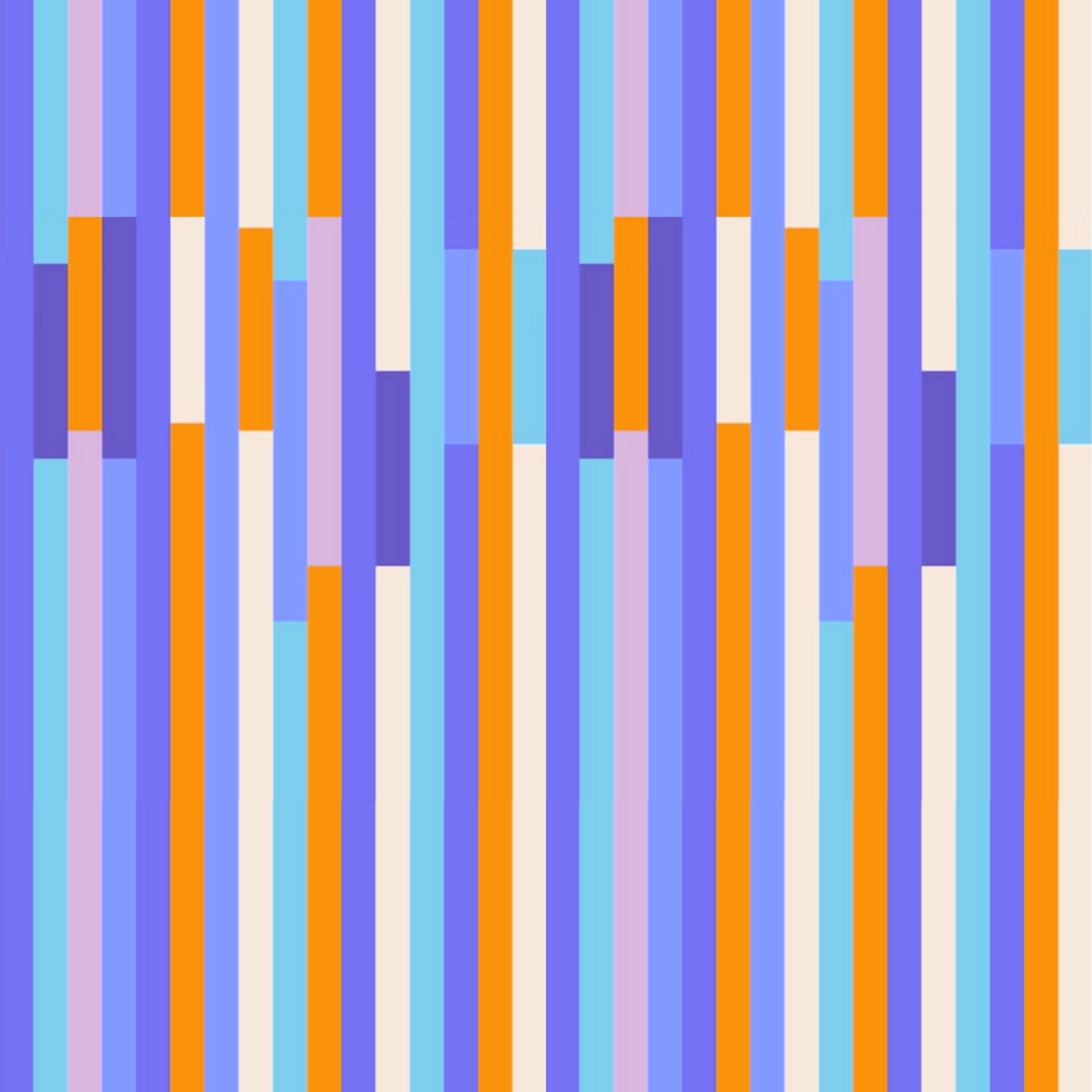 Streifenstoff Happy Stripes in Blau-Orange – versetzte Streifen in Blau, Flieder, Orange, Türkis und Creme. Grafisches Streifenmuster, Reaktivdruck auf Öko-Tex Standard 100 zertifizierten Stoffqualitäten, Meterware. Design Stoelting.art.