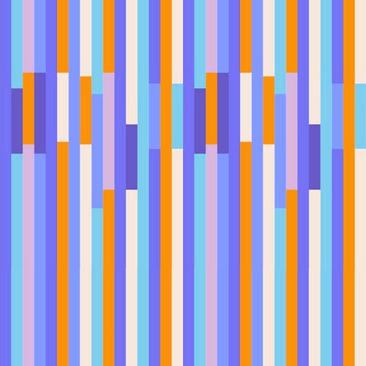 Streifenstoff Happy Stripes in Blau-Orange – versetzte Streifen in Blau, Flieder, Orange, Türkis und Creme. Grafisches Streifenmuster, Reaktivdruck auf Öko-Tex Standard 100 zertifizierten Stoffqualitäten, Meterware. Design Stoelting.art.