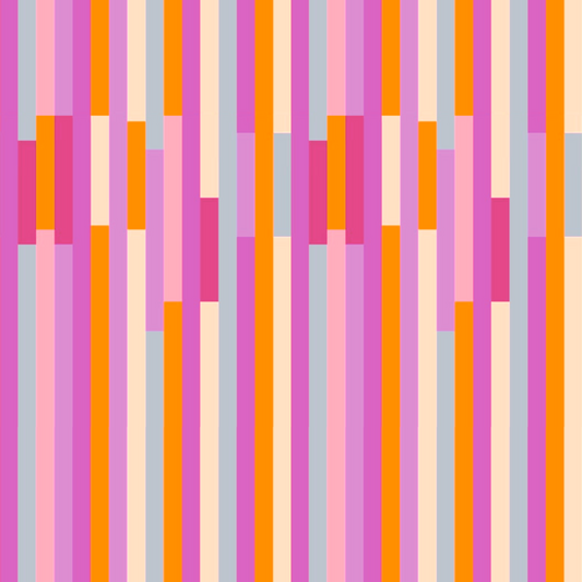 Streifenstoff Happy Stripes in Pink-Orange – versetzte Streifen in Pink, Orange, Rosé, Helllila und Creme. Grafisches Streifenmuster, Reaktivdruck auf Öko-Tex Standard 100 zertifizierten Stoffqualitäten, Meterware. Design Stoelting.art.